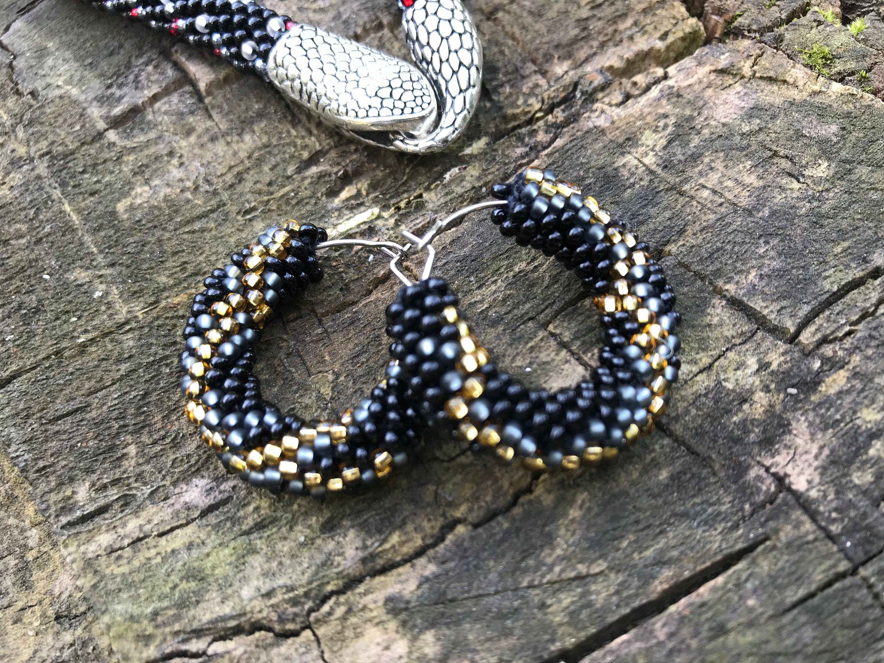 Halloween Snake earrings, black hoop earrings beaded, tribal earrings witch jewelry, modern earrings women, gothic crochet earrings handmade