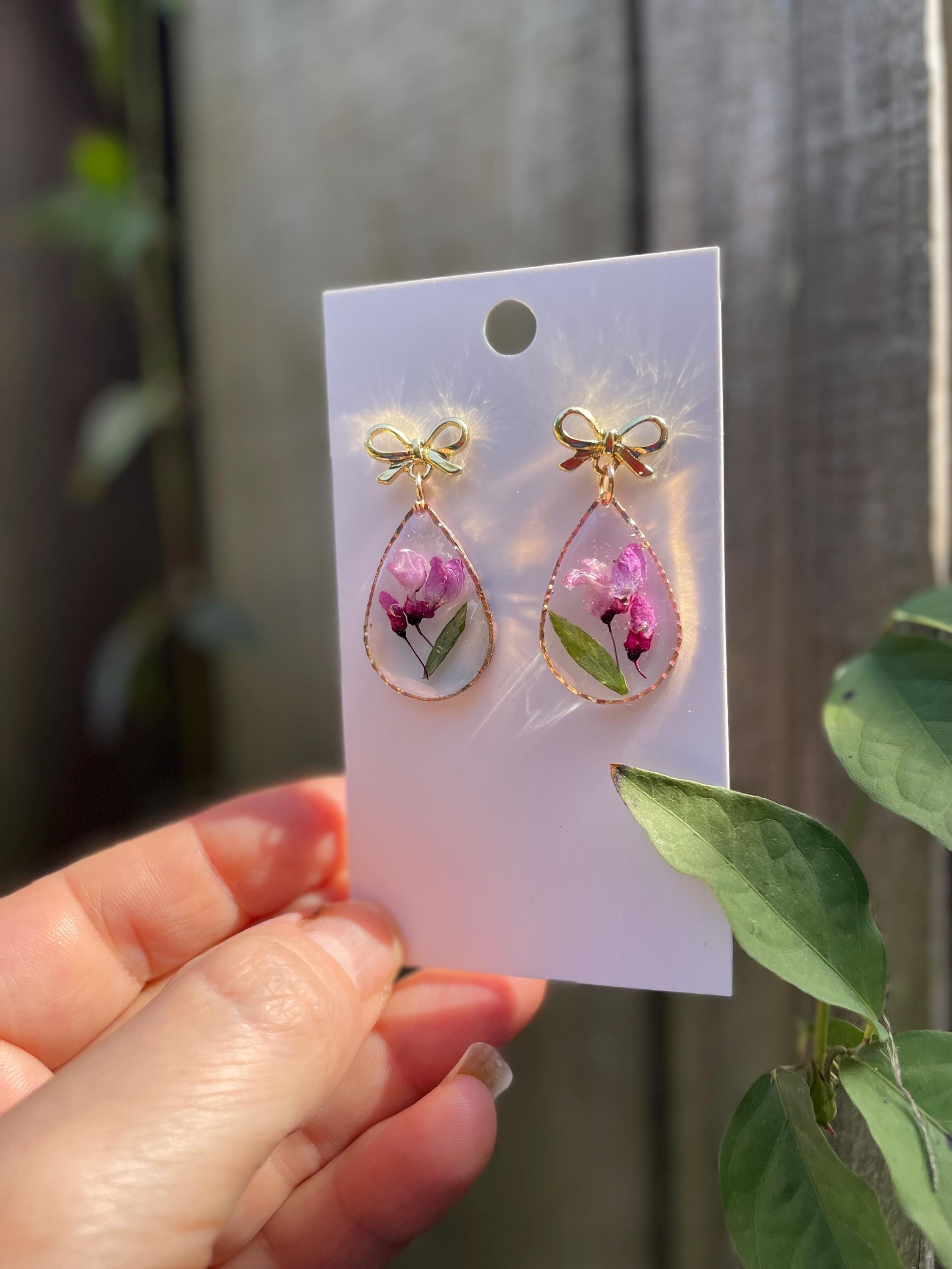 Handmade Gold Resin Baby Breath & Mother of Pearl Cross Earrings - Bridesmaid Jewelry