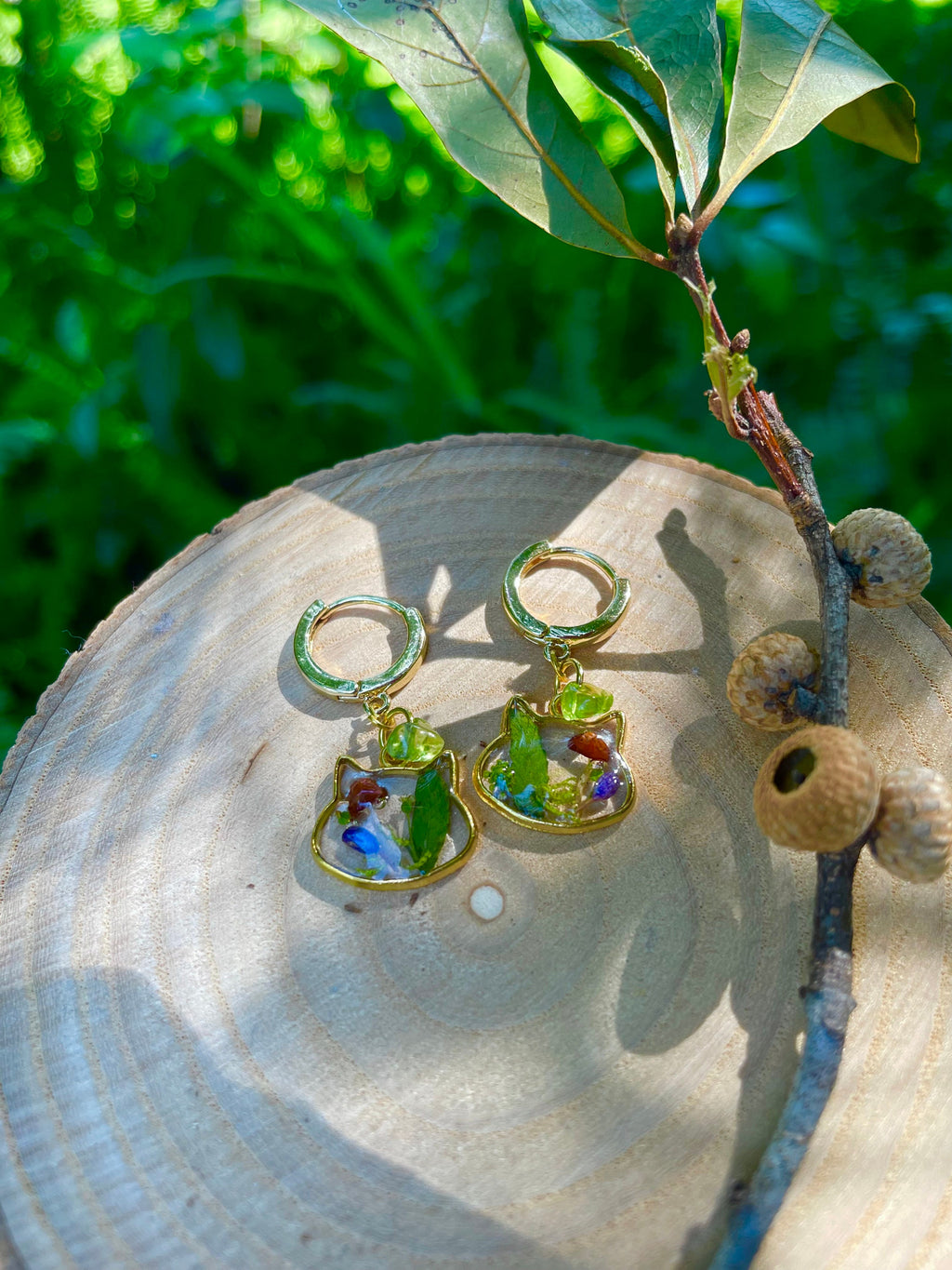 Handmade Cat Head Resin Earrings: Real Mushrooms, Ferns, Peridot Gold Hoops