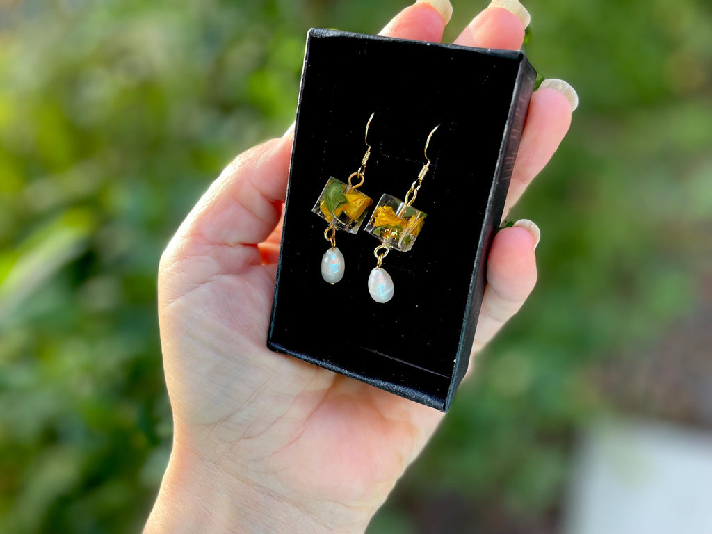 Pearl Sunflower Earrings: Gold Flower Petal Jewelry, Personalized Birthstone