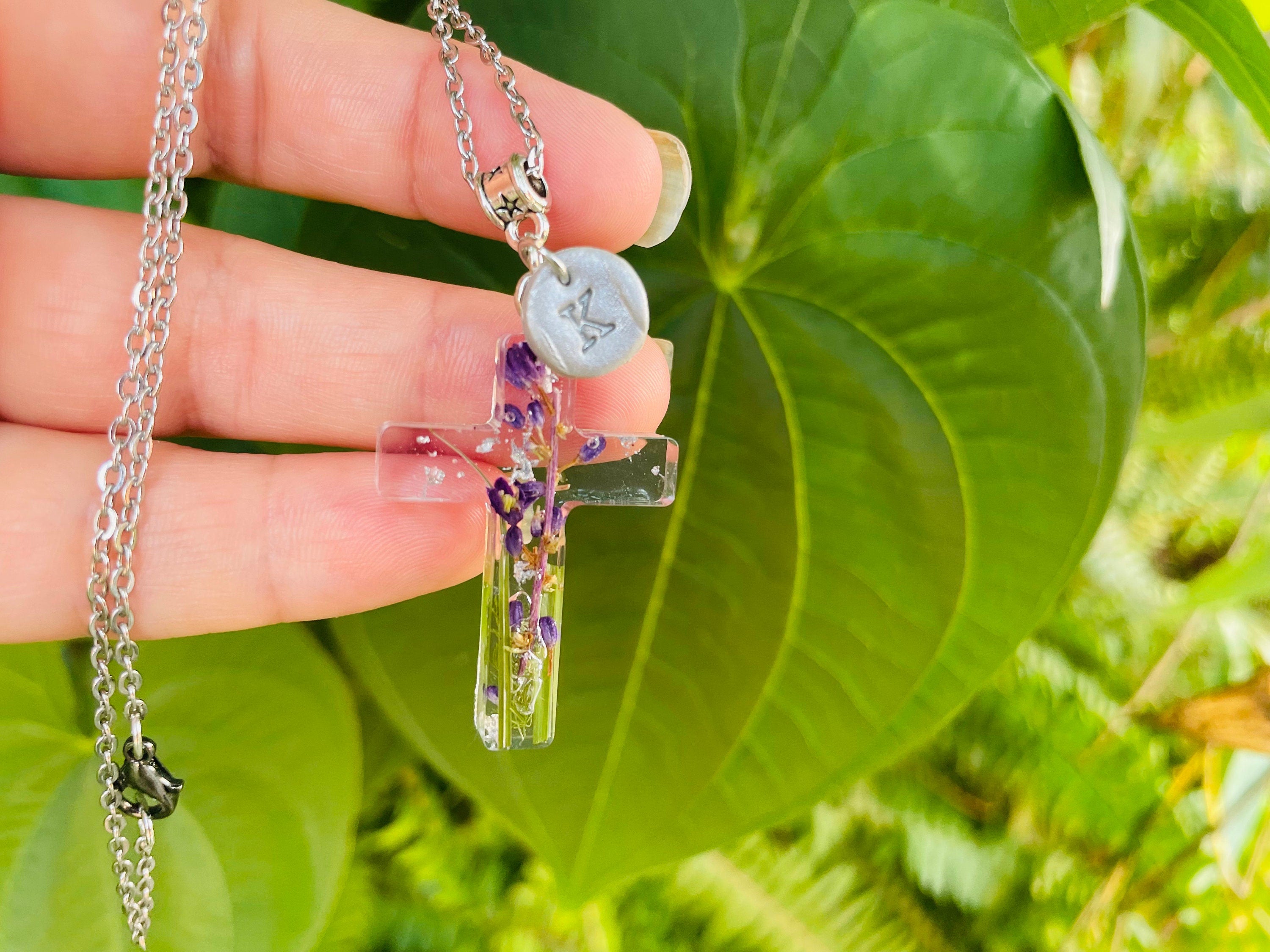 Pressed Flower Cross Necklace: August Birth Flower Gladiolus, Personalized Initial