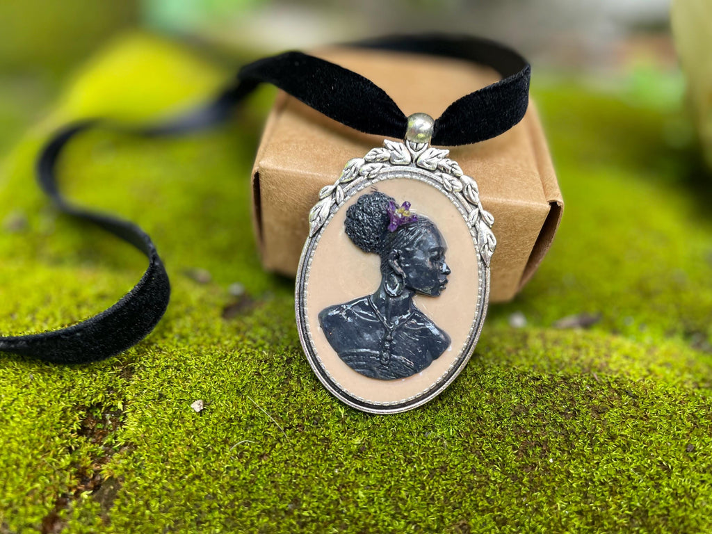 Handmade Cameo Necklace: African American Woman, Velvet Choker, Birthstone Option