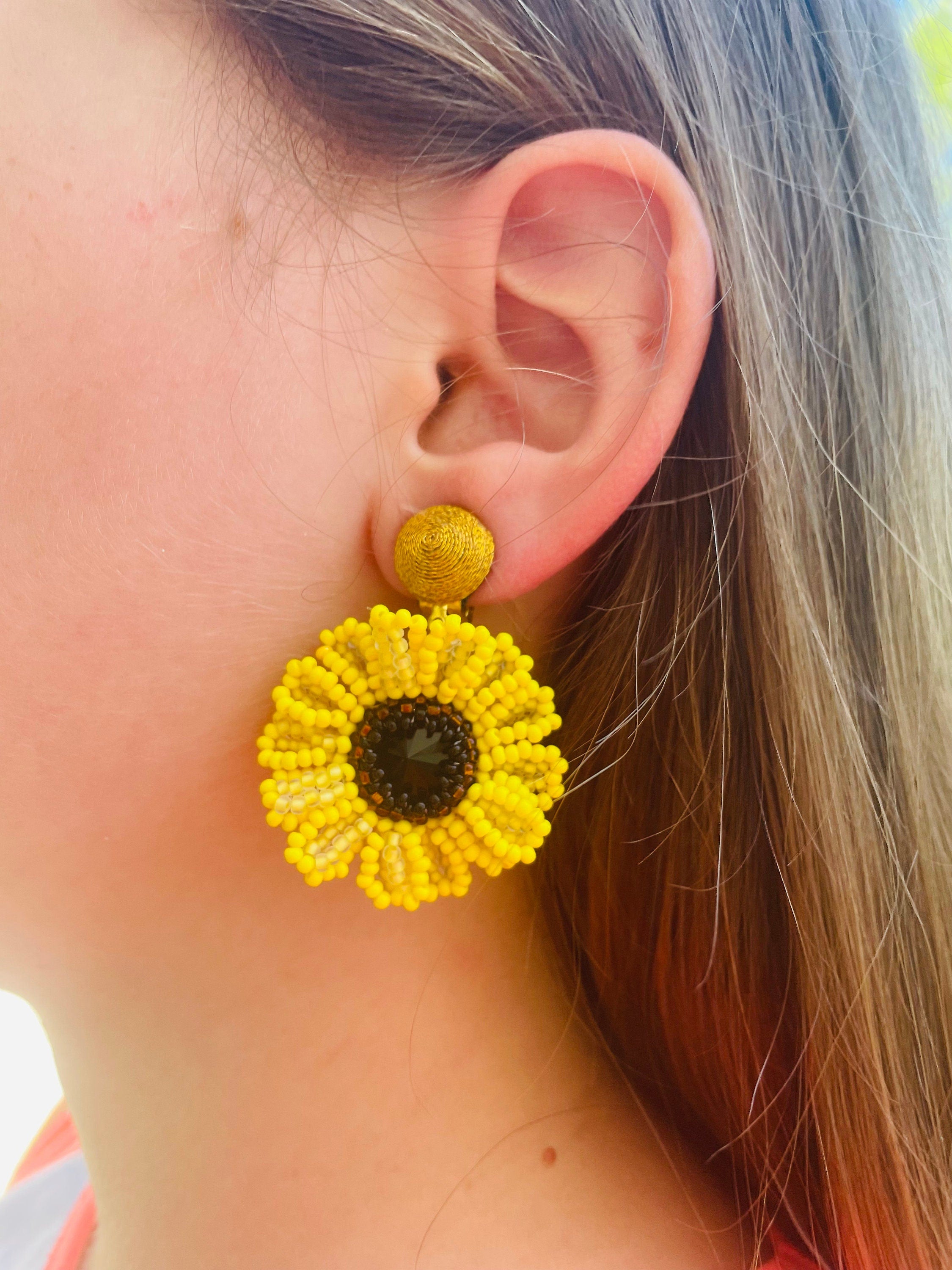 Unique Mothers day gift for her, Sunflower earrings dangle clip on stud, Ukrainian national flower beaded earrings handmade, Ukraine seller
