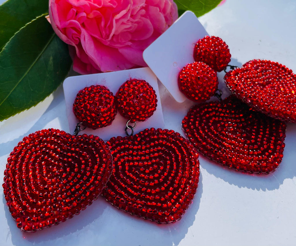 Valentines day heart earrings beaded | Red pink black big heart earrings clip on unique handmade valentines day gift for her wife girlfriend