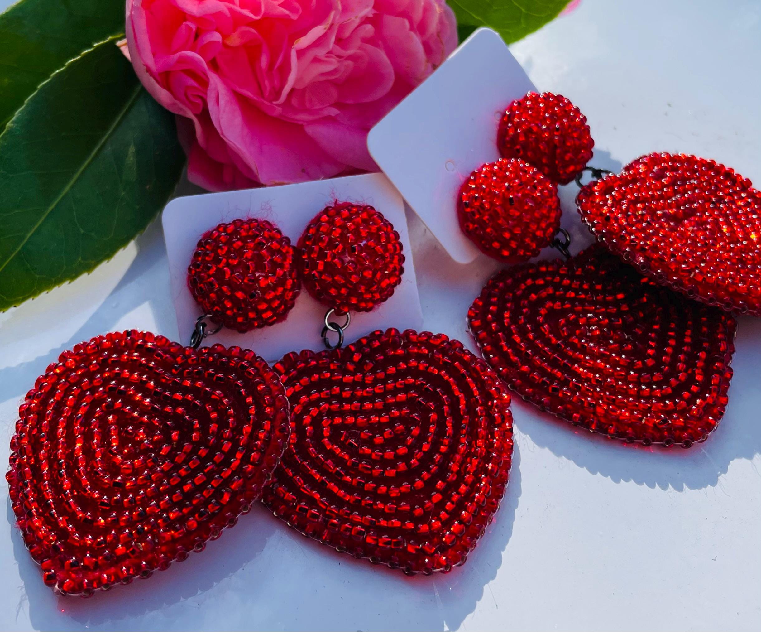 Valentines day heart earrings beaded | Red pink black big heart earrings clip on unique handmade valentines day gift for her wife girlfriend