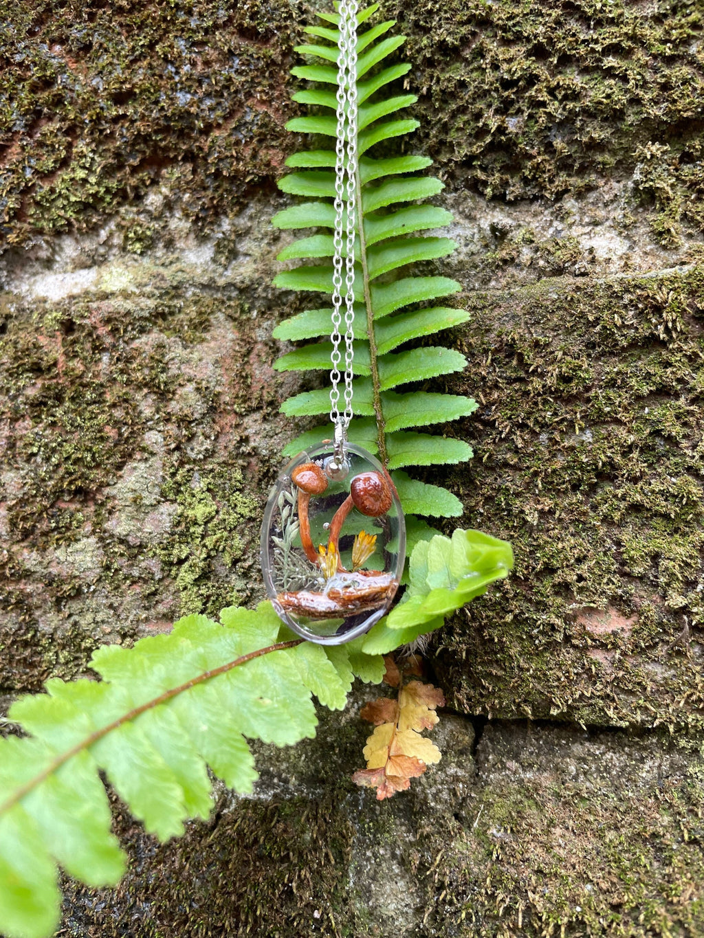 Mushroom Terrarium Necklace: Real Moss & Fern, Sterling Silver