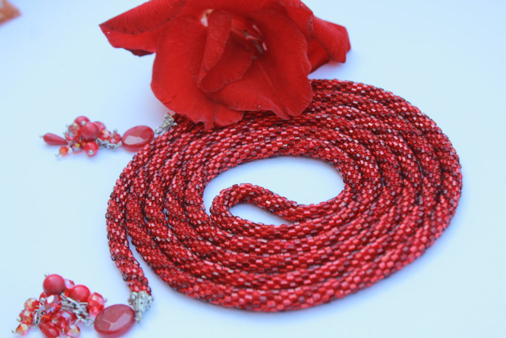 Christmas Ruby red Bead necklace, Beaded Layered Necklace Choker Gift For Her, Crochet Rope belt, Bohemian jewelry crystal lariat for wife