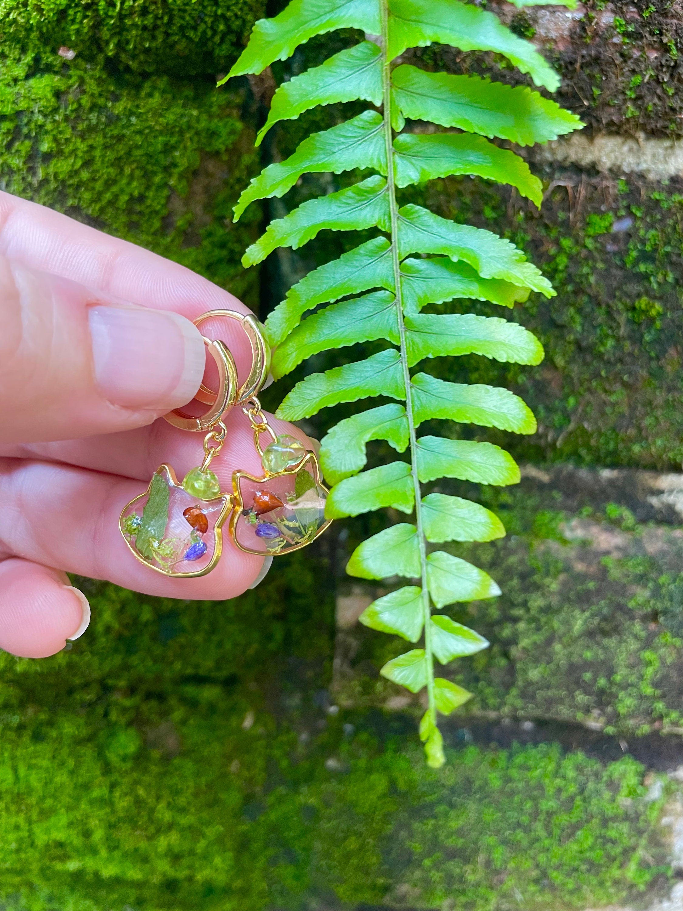 Handmade Cat Head Resin Earrings: Real Mushrooms, Ferns, Peridot Gold Hoops
