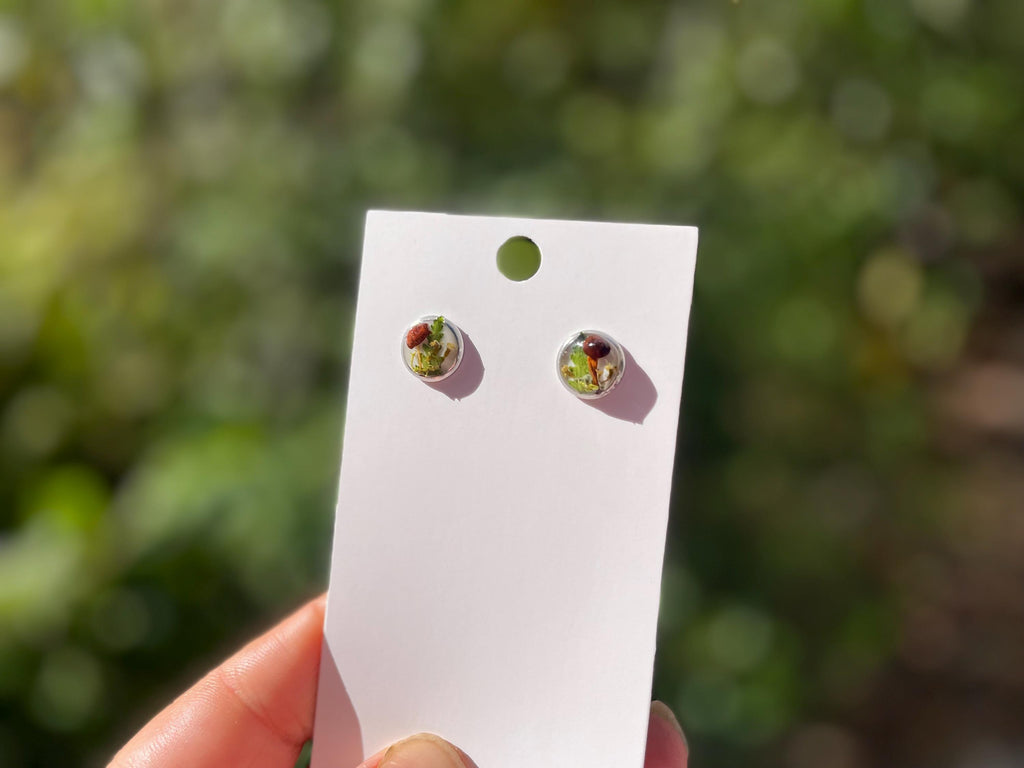 Tiny Mushroom Earrings: Pressed Flower Fern Resin Studs, Birthstone