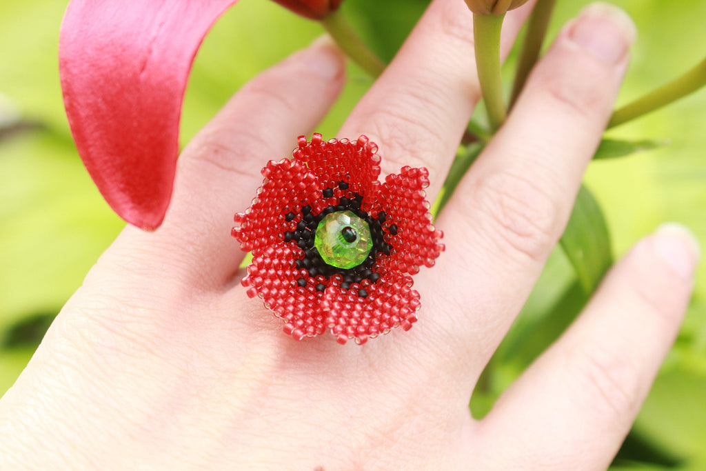 Valentine gift flower ring, red poppy jewelry, big floral rings quirky, nature jewelry for women, Birthday gifts for wife, present for mom
