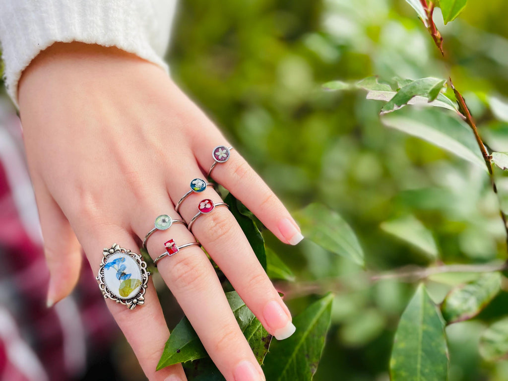 Handmade Pressed Flower Ring: Blue Wildflower Cameo, Adjustable Silver Band