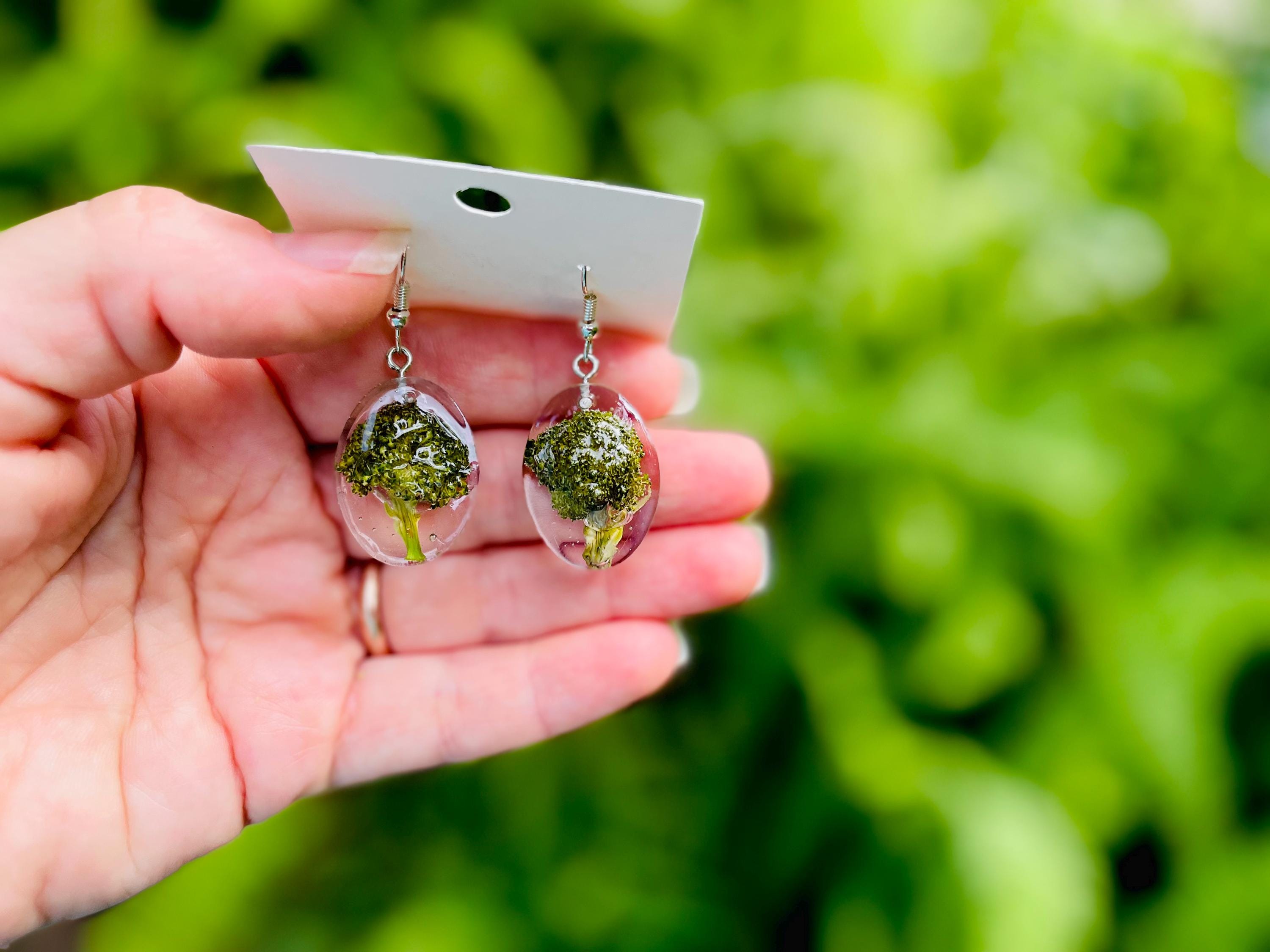 Real Broccoli Earrings: Handmade Resin Food Jewelry, Sterling Silver