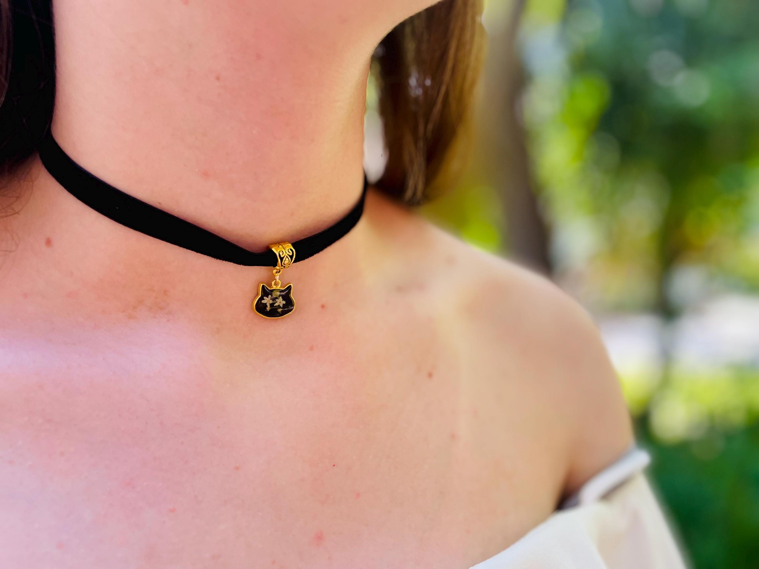 90s Black Velvet Cat Choker: White Flower Charm, Custom Length