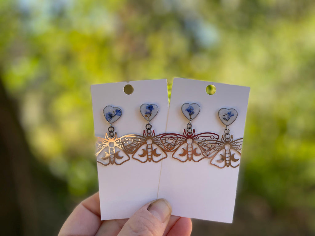 Silver Butterfly Earrings, Filigree Luna Moth Dangles: Blue Flower Resin Insect Jewelry