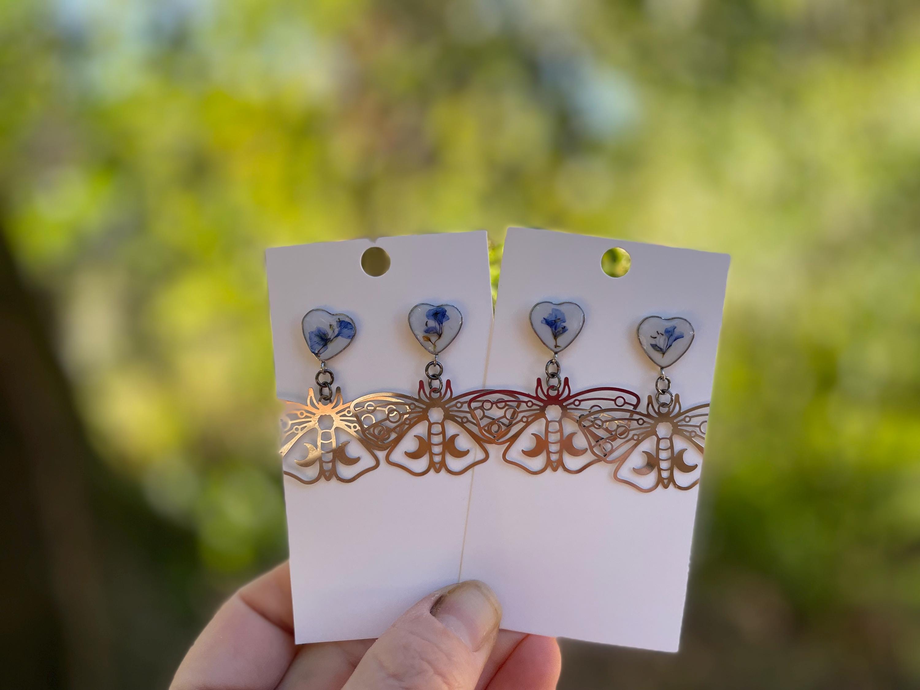 Silver Butterfly Earrings, Filigree Luna Moth Dangles: Blue Flower Resin Insect Jewelry