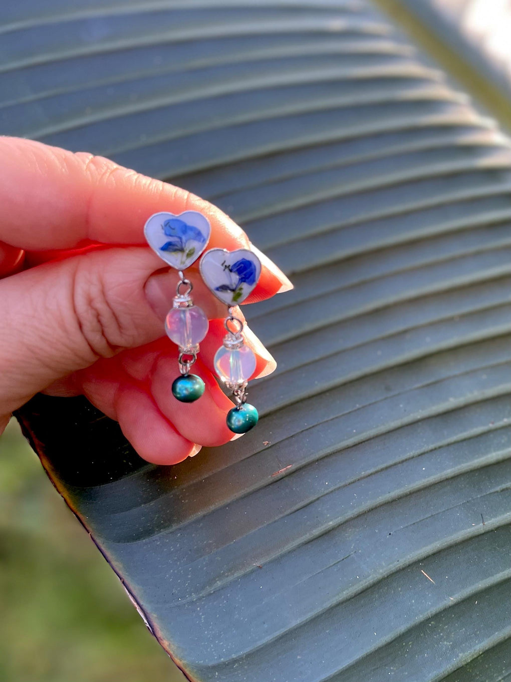 Patina Blue Pearl Floral Earrings: Pressed Flower Resin Jewelry Opal