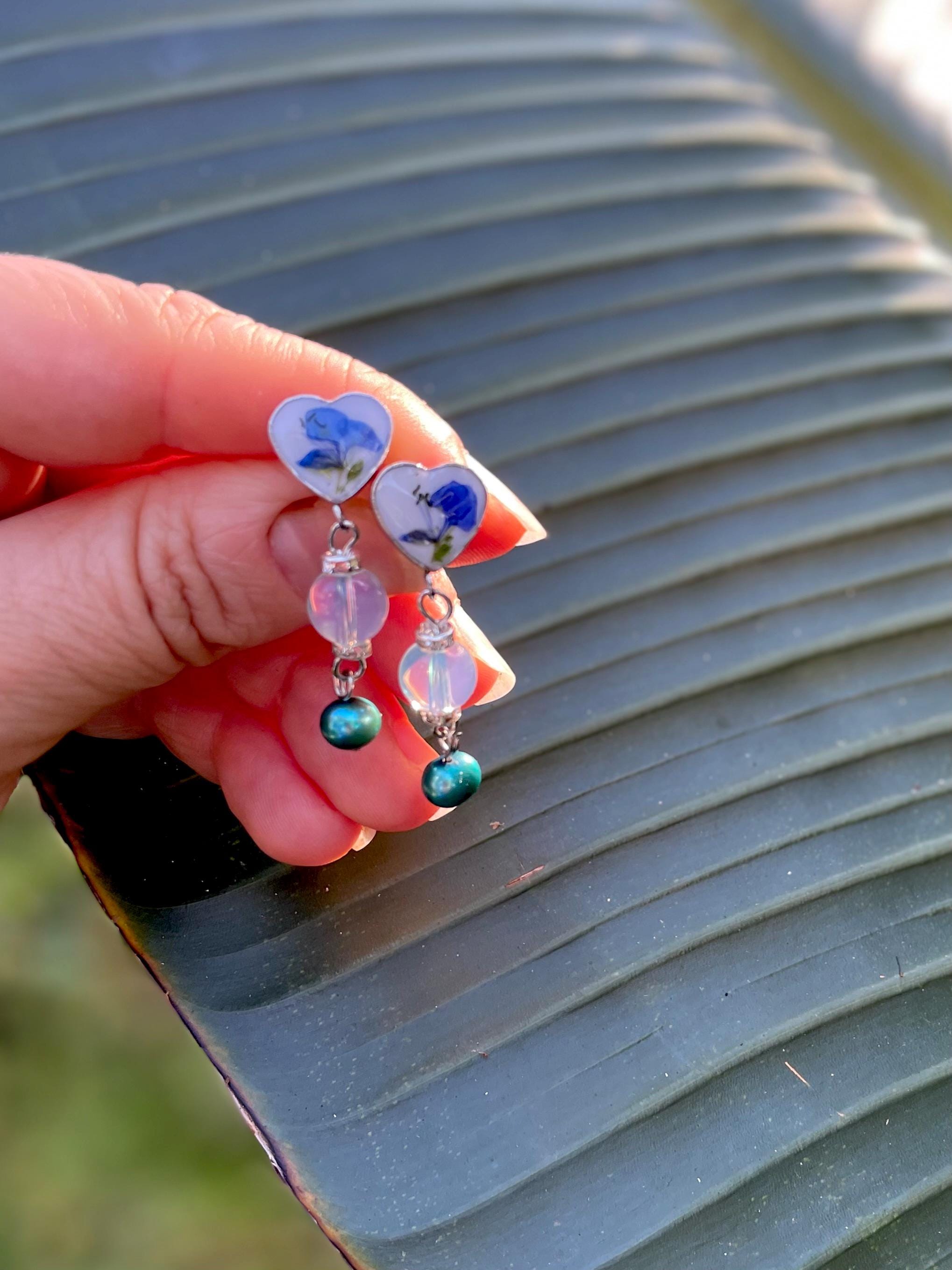 Patina Blue Pearl Floral Earrings: Pressed Flower Resin Jewelry Opal