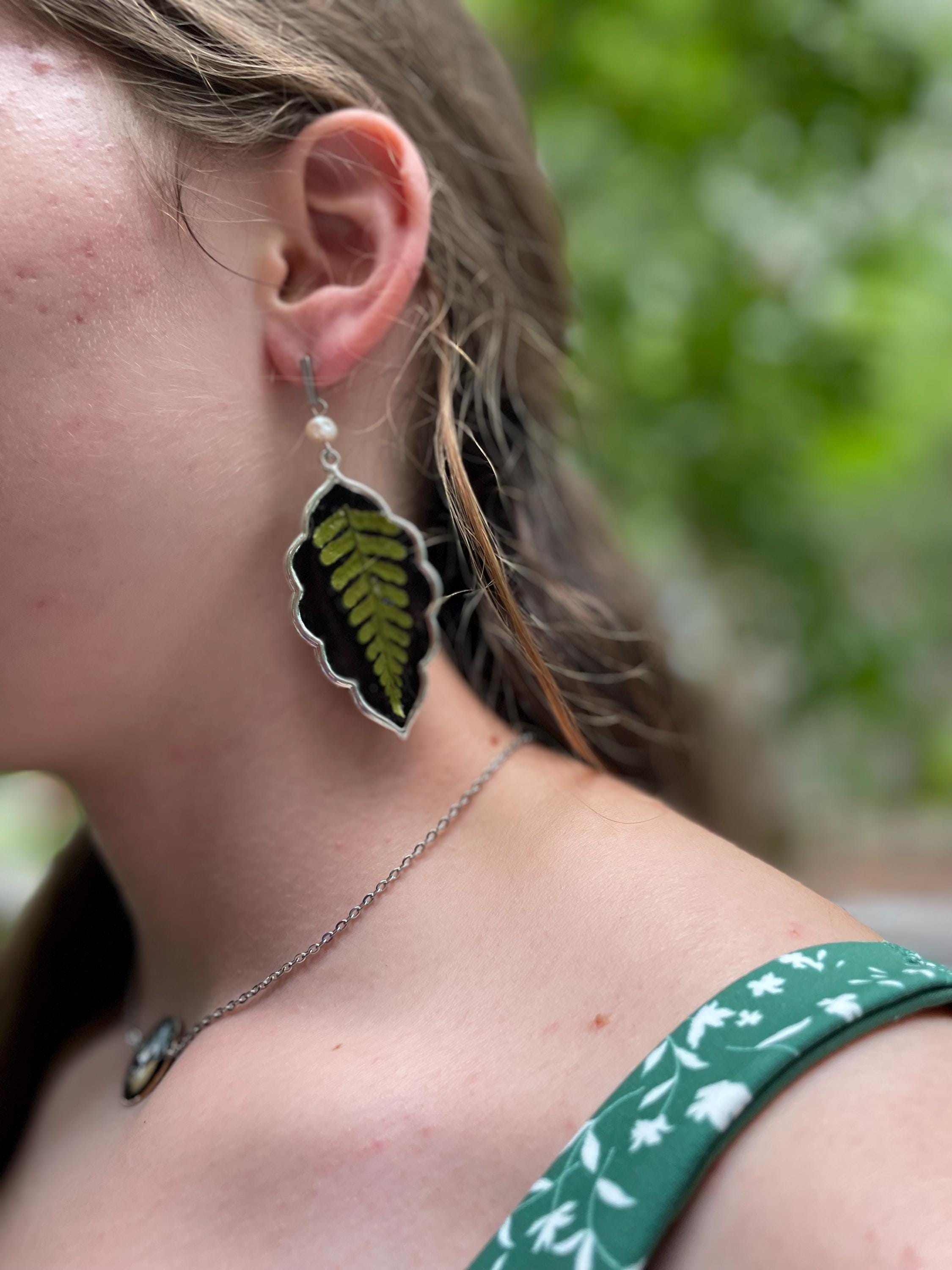 Fern Leaf Baroque Pearl Earrings: Gothic Resin Statement Jewelry