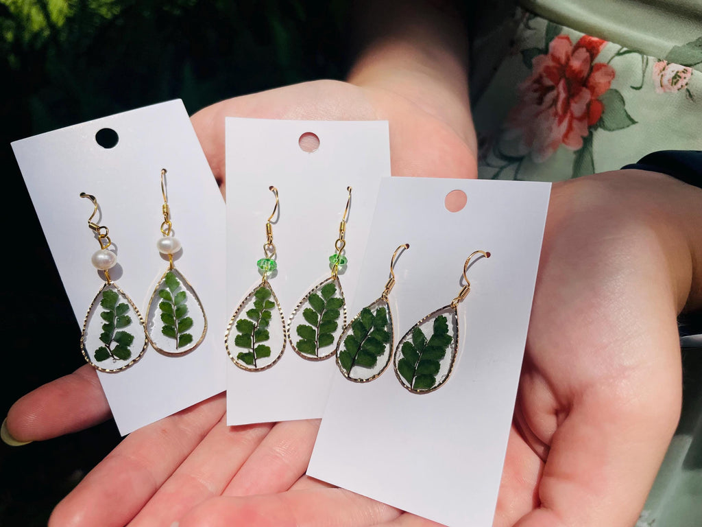 Forest Fern Earrings Pearl Handmade Real Fern Earrings Transparent Real Leaf Earrings Dangle 14K gold jewelry boho Birthday gifts for her