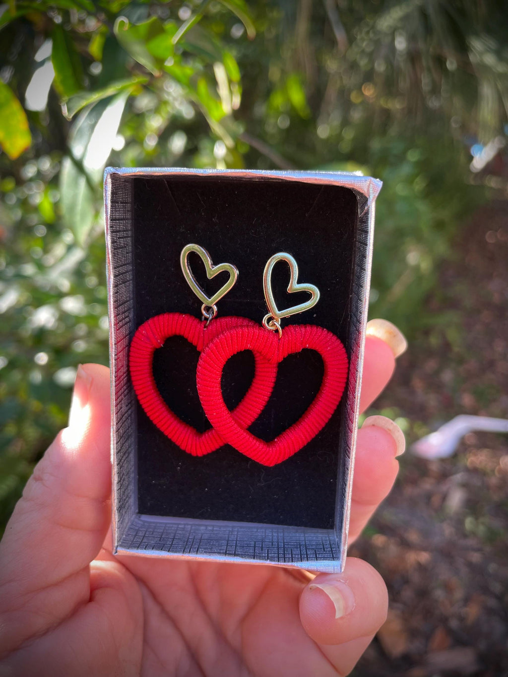 Red Silk Cord Heart Earrings: Valentine's Day Statement Hoops