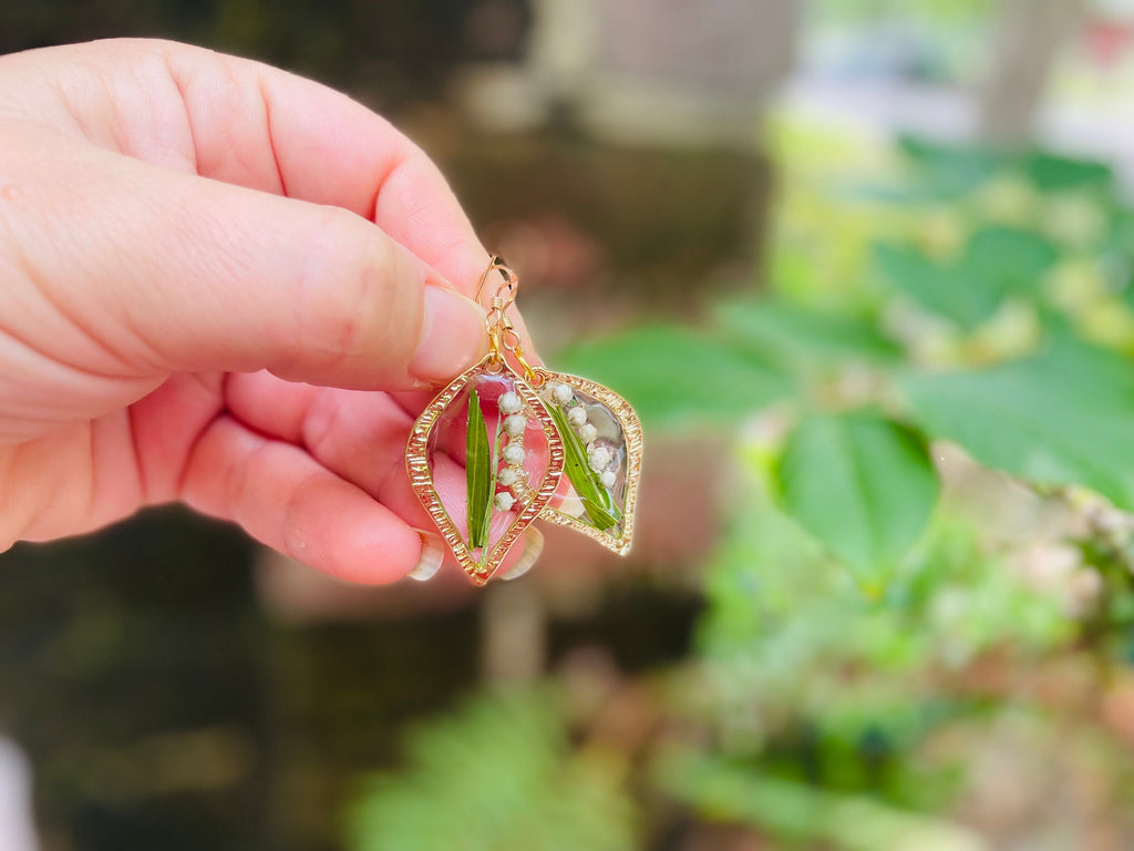 Lily of the Valley Earrings: Gold Teardrop Resin May Birth Flower
