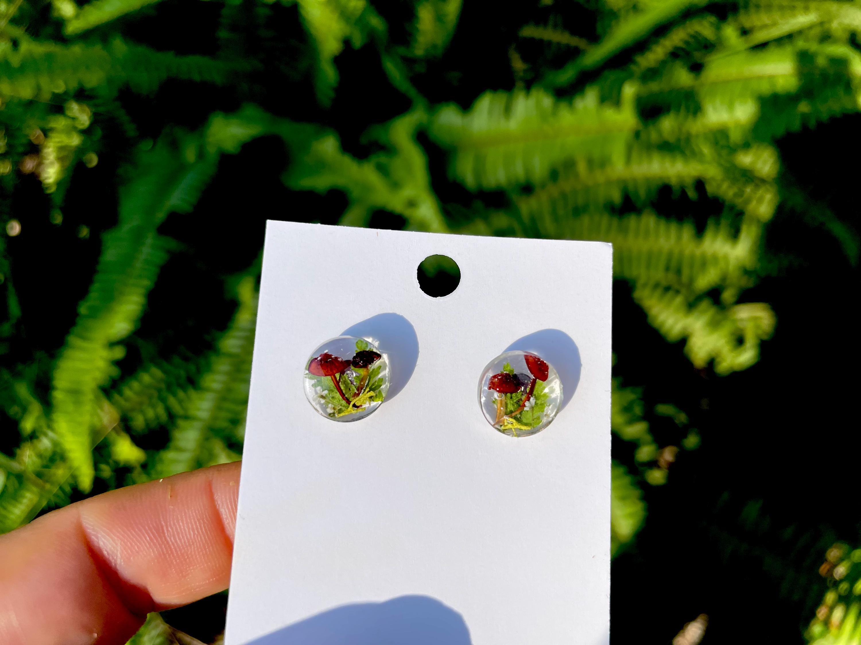 Men's Unique Stud Earrings: Hypoallergenic Real Mushroom Fern with Birthstone, Nature-Inspired Valentines gift