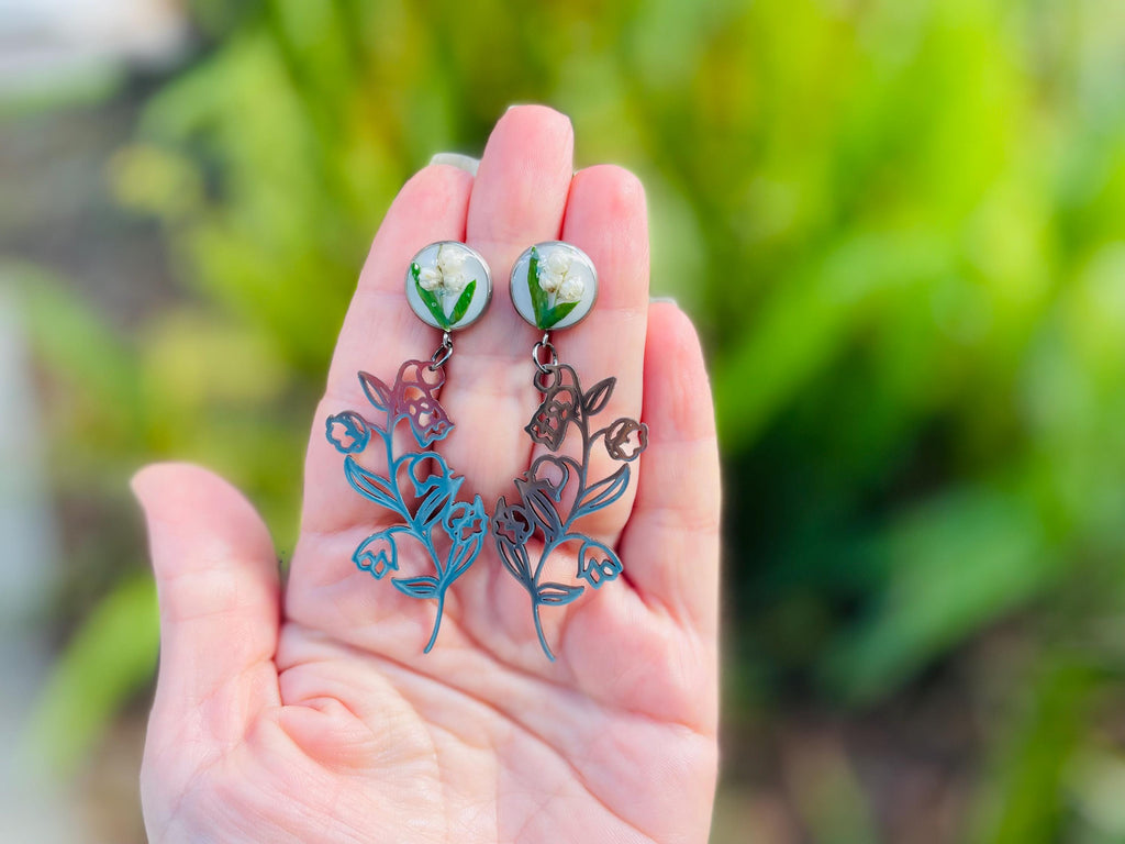 Lily of the Valley Pearl Dangle Earrings: Real Flower Resin Jewelry May Birth Flower Studs