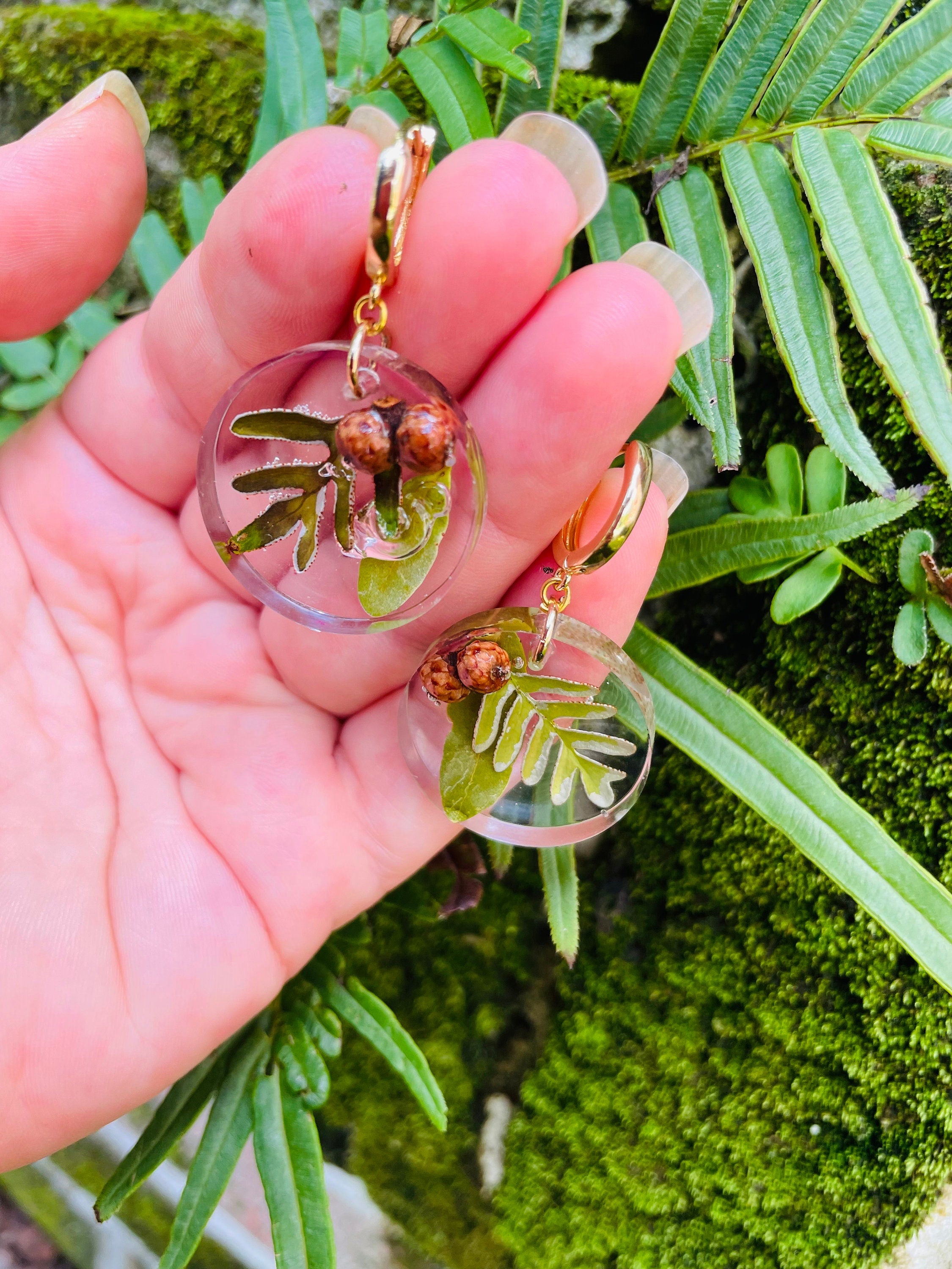 Gold-Filled Resin Earrings: Acorn, Fern & Oak Leaf - Mori Kei Jewelry
