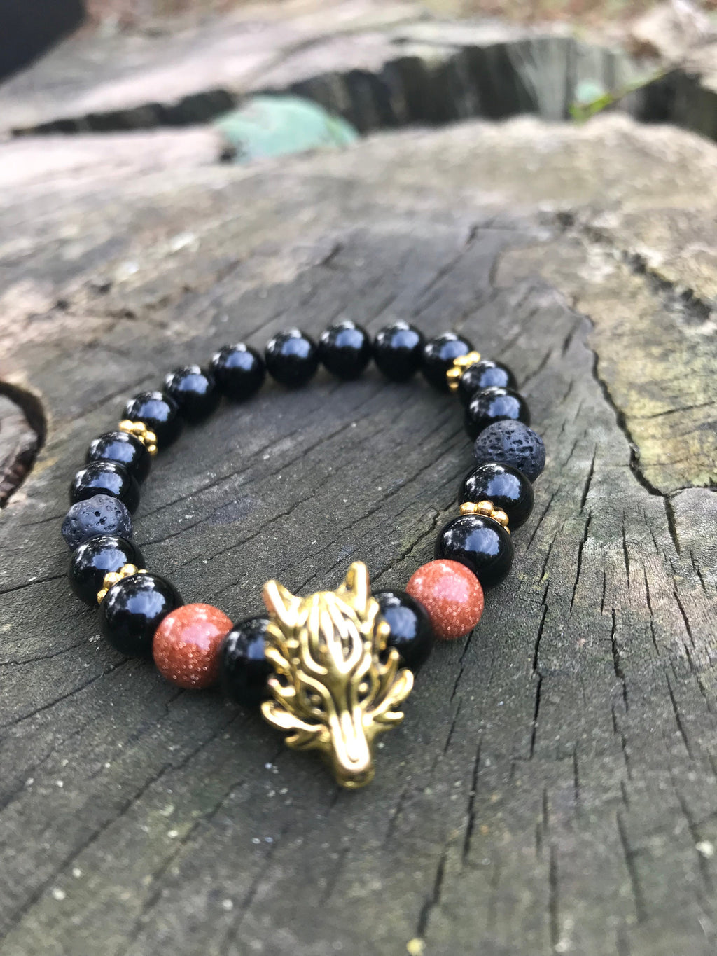 Christmas gift for him, black beaded bracelet with gold Wolf charm for men, lava diffuser bracelet anniversary present for boyfriend brother