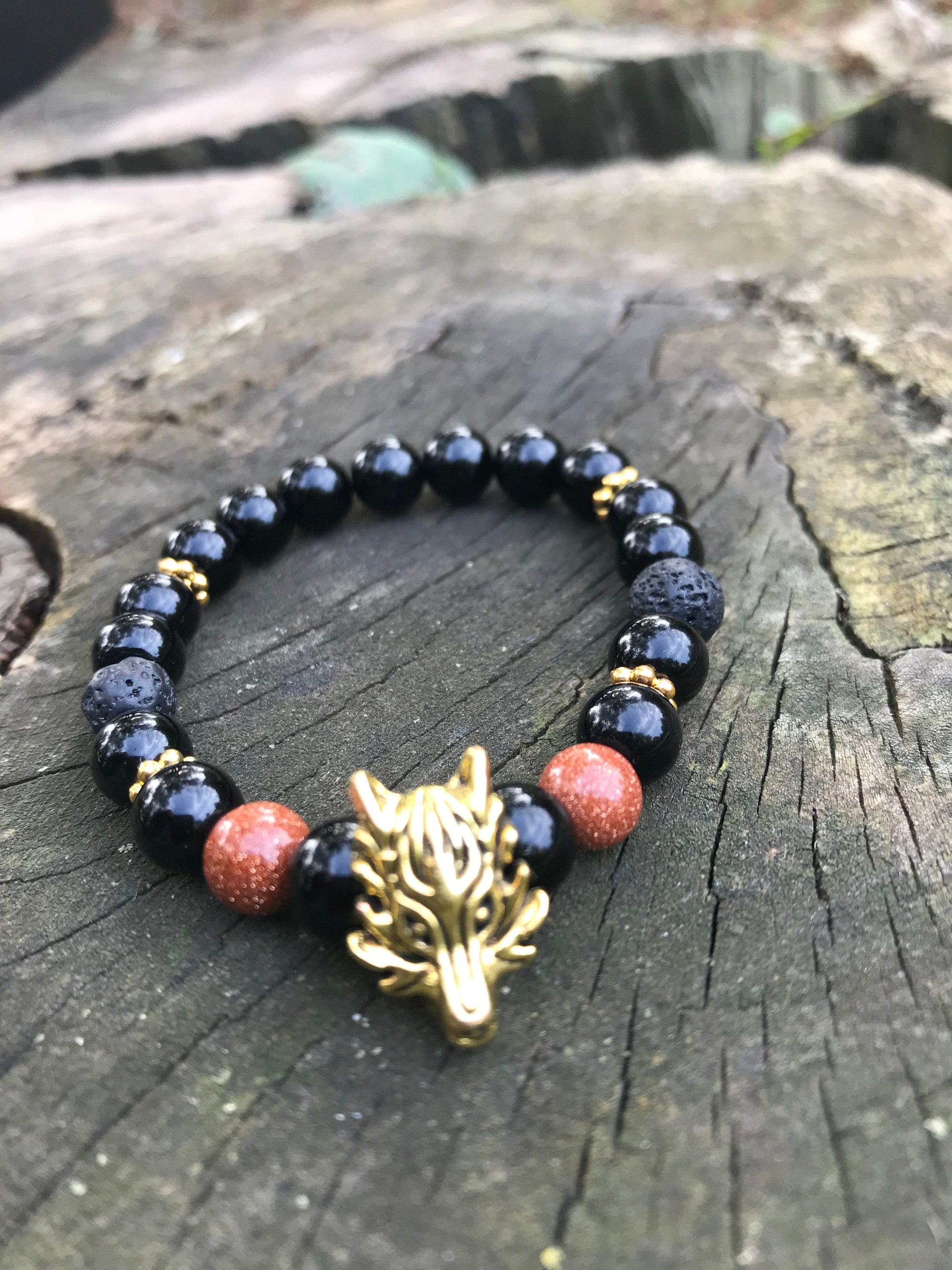 Christmas gift for him, black beaded bracelet with gold Wolf charm for men, lava diffuser bracelet anniversary present for boyfriend brother