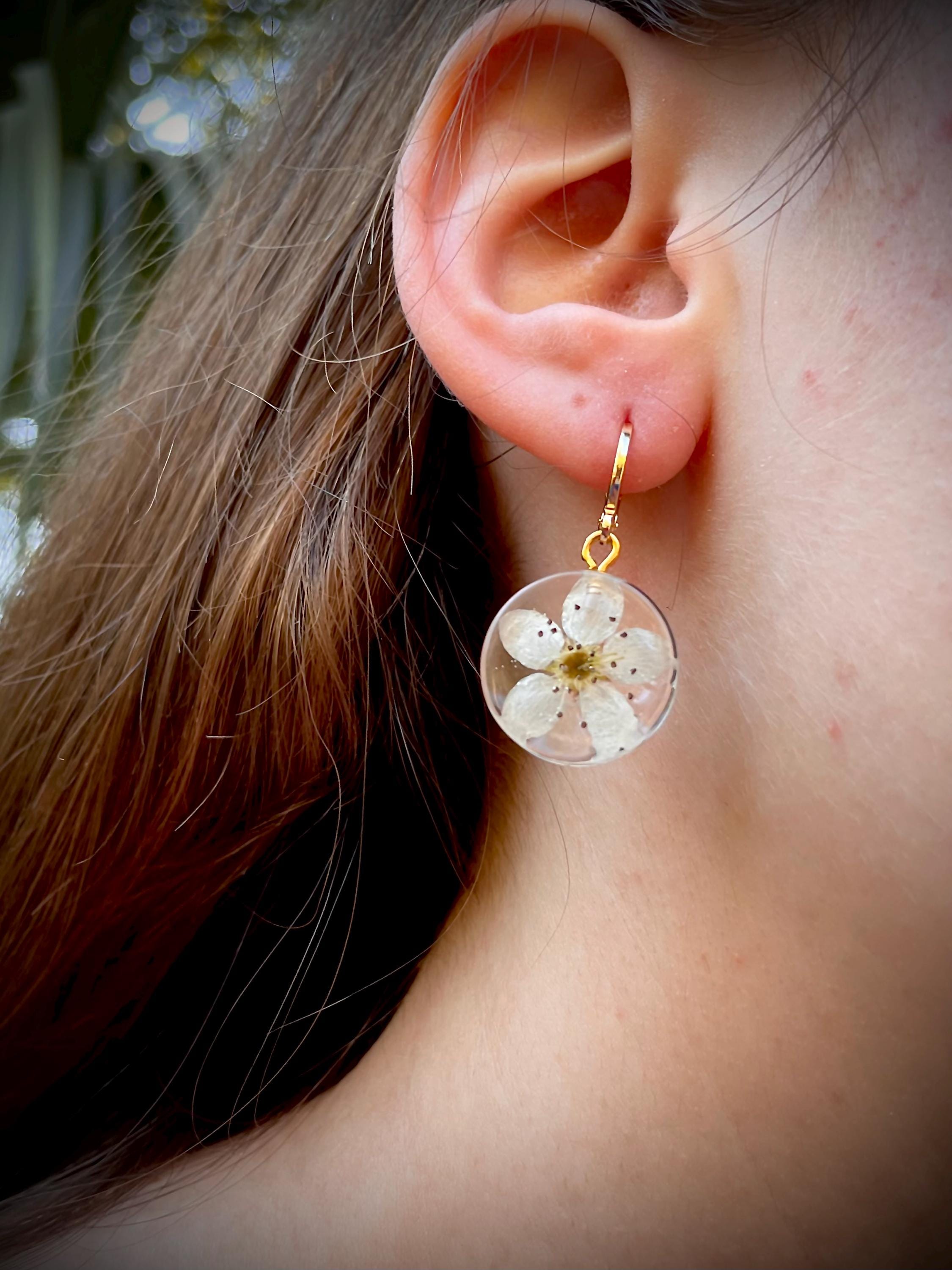 Cherry Blossom Resin Earrings: Gold Huggie Hoops, Real Flower Jewelry March Birth Flower
