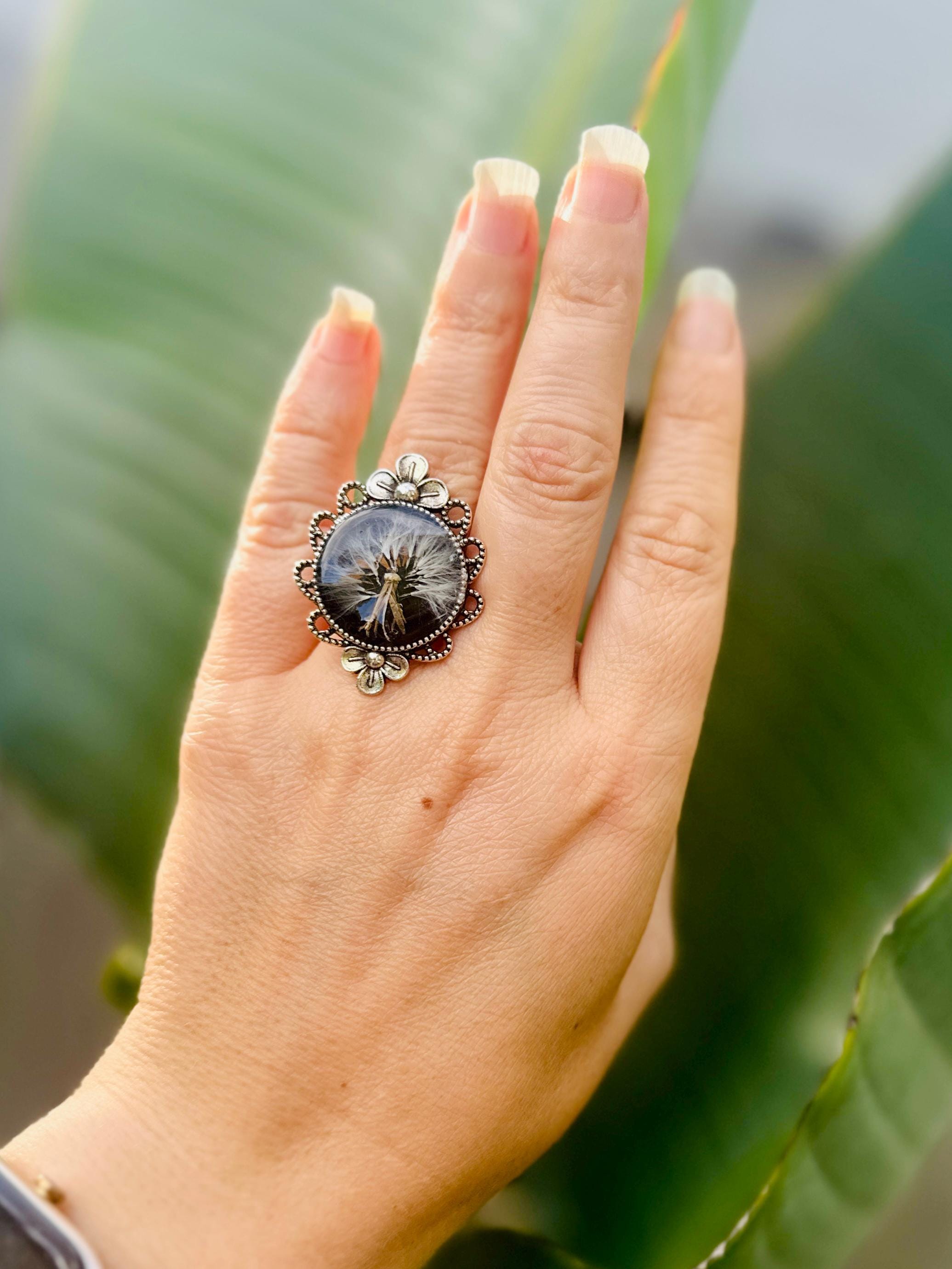 Antique Silver Dandelion Ring: Black Resin Flower Jewelry