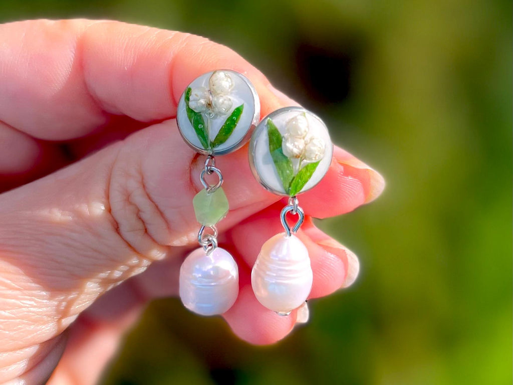 Lily of the Valley Pearl Dangle Earrings: Real Flower Resin Jewelry May Birth Flower Studs