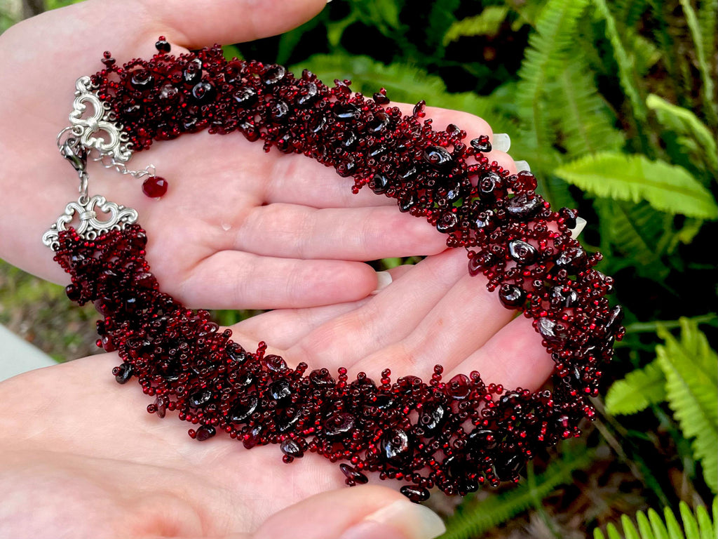 Red Garnet Beaded Necklace: Burgundy Collar Choker for January Birthdays & 2nd Anniversaries | Wedding Jewelry