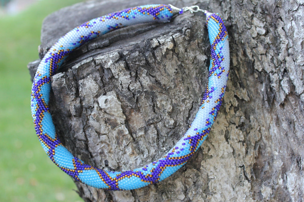 Sky blue Snake necklace seed beaded handmade statement necklace unique holiday gift for her grandma Snake jewelry turquoise choker necklace
