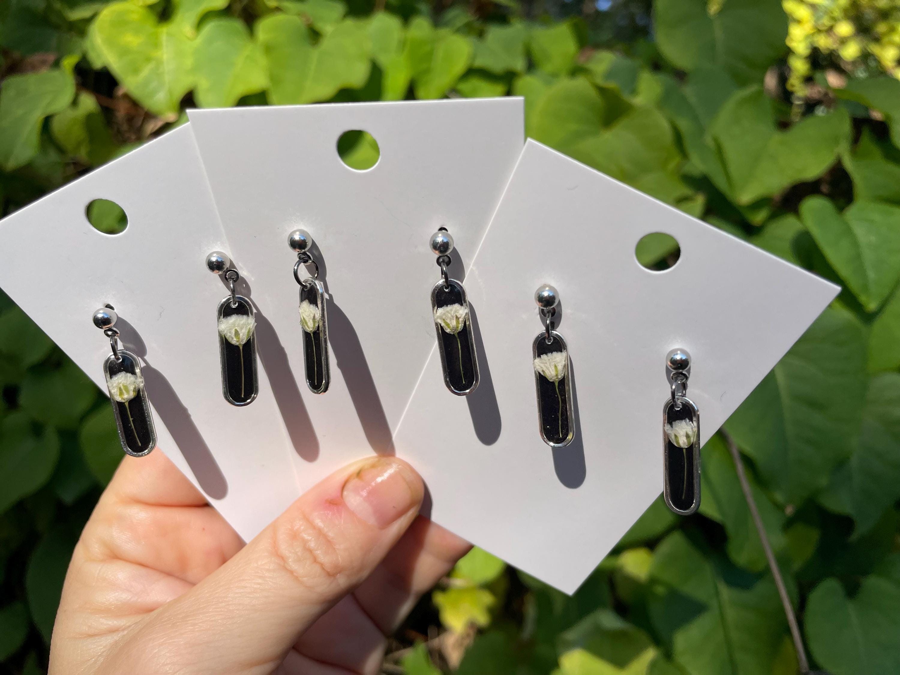 Black Floral Earrings Post: Baby Breath Pressed Flower Jewelry Minimalist Resin