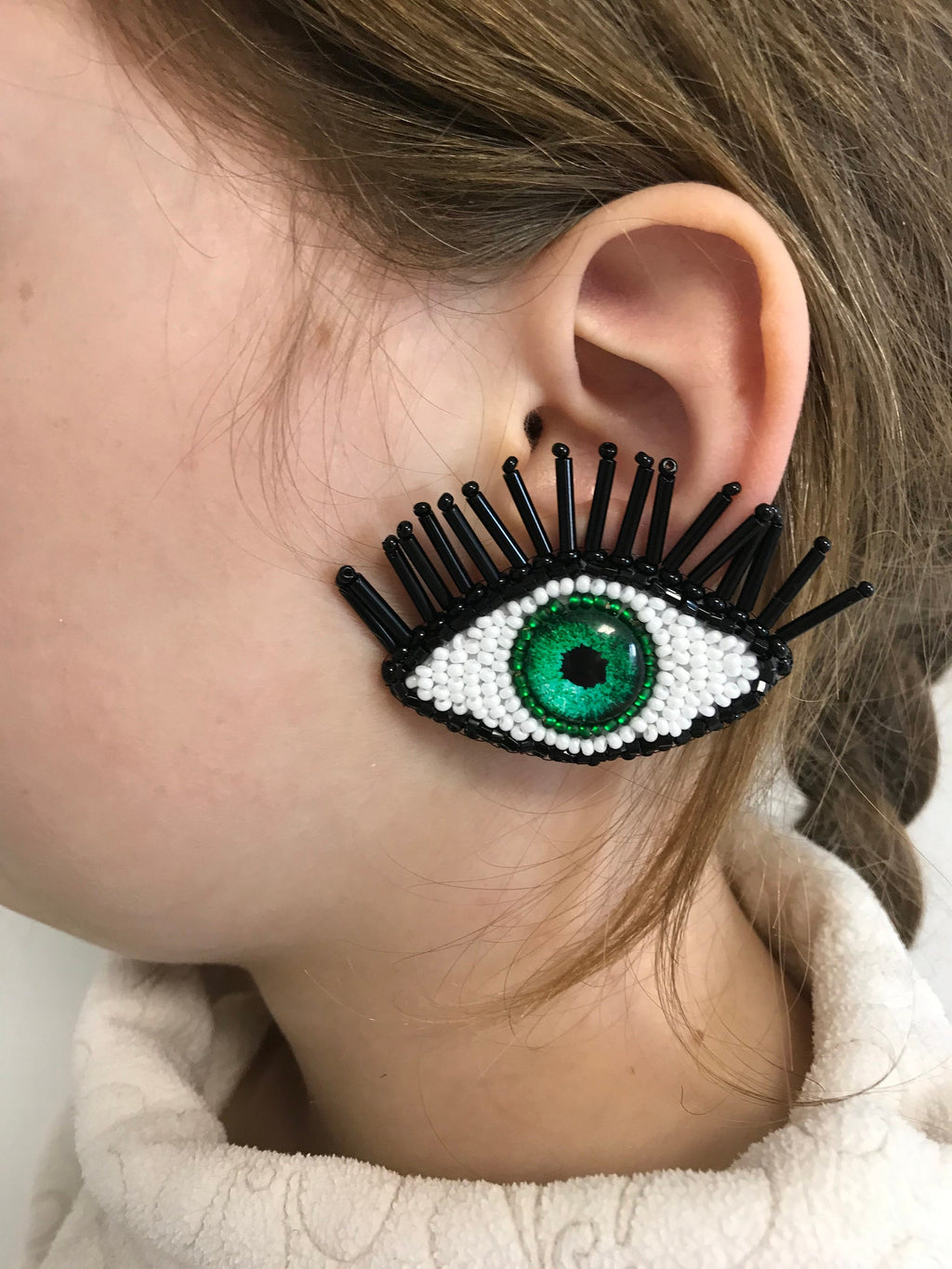 Halloween costume accessories, Evil eye earrings, Halloween earrings, halloween jewelry handmade, Blue green large evil eye earrings clip-on
