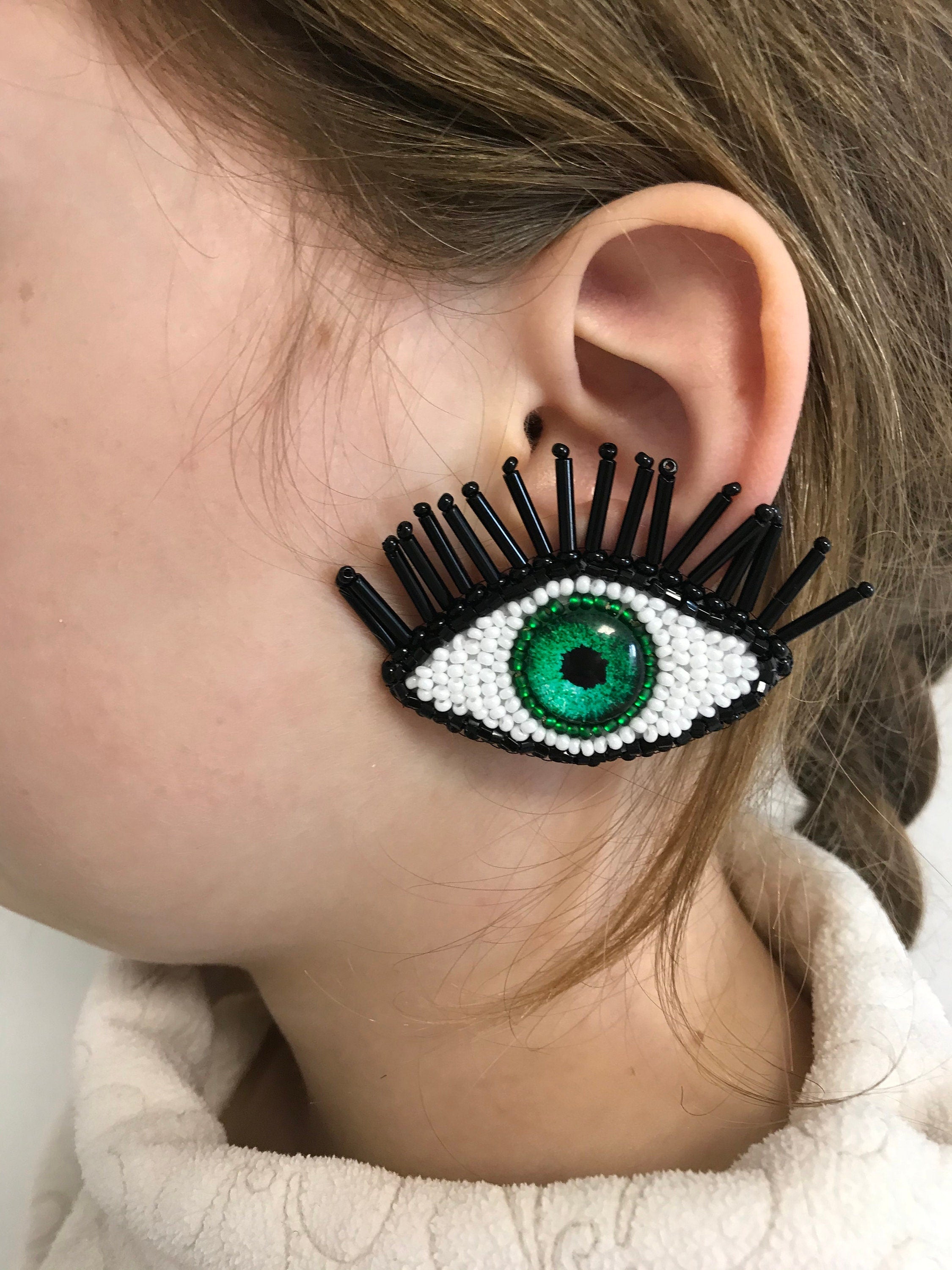 Halloween costume accessories, Evil eye earrings, Halloween earrings, halloween jewelry handmade, Blue green large evil eye earrings clip-on