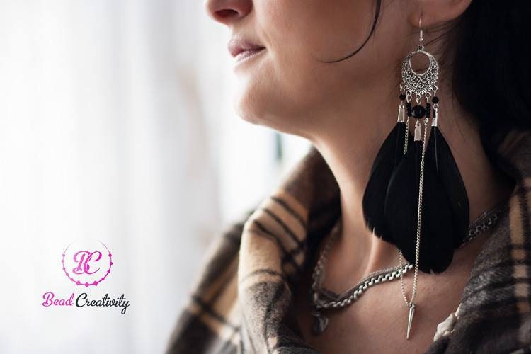 Gothic Black Feather Dangle Earrings: Chain & Spike, Halloween Jewelry