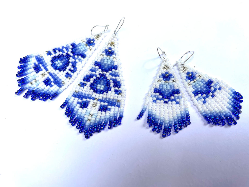 Chinoiserie Seed Bead Earrings: White & Blue Toile, Sterling Silver