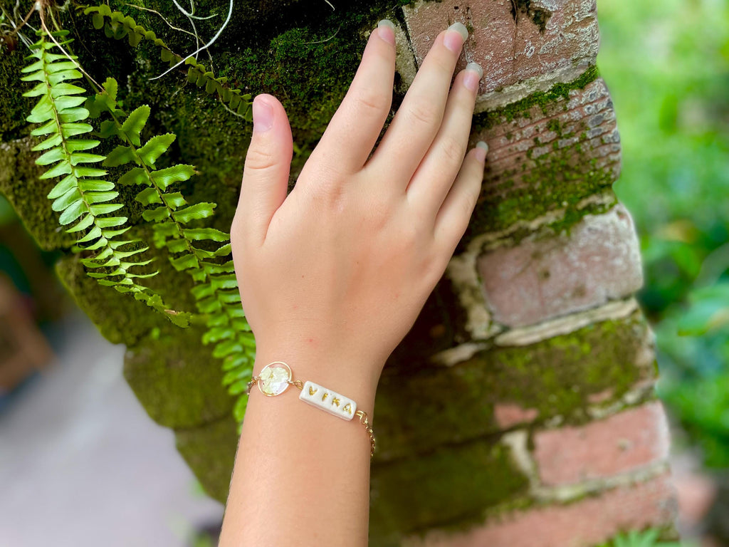 Personalized Name Bracelet: Real Hydrangea Charm, Handmade Porcelain Jewelry