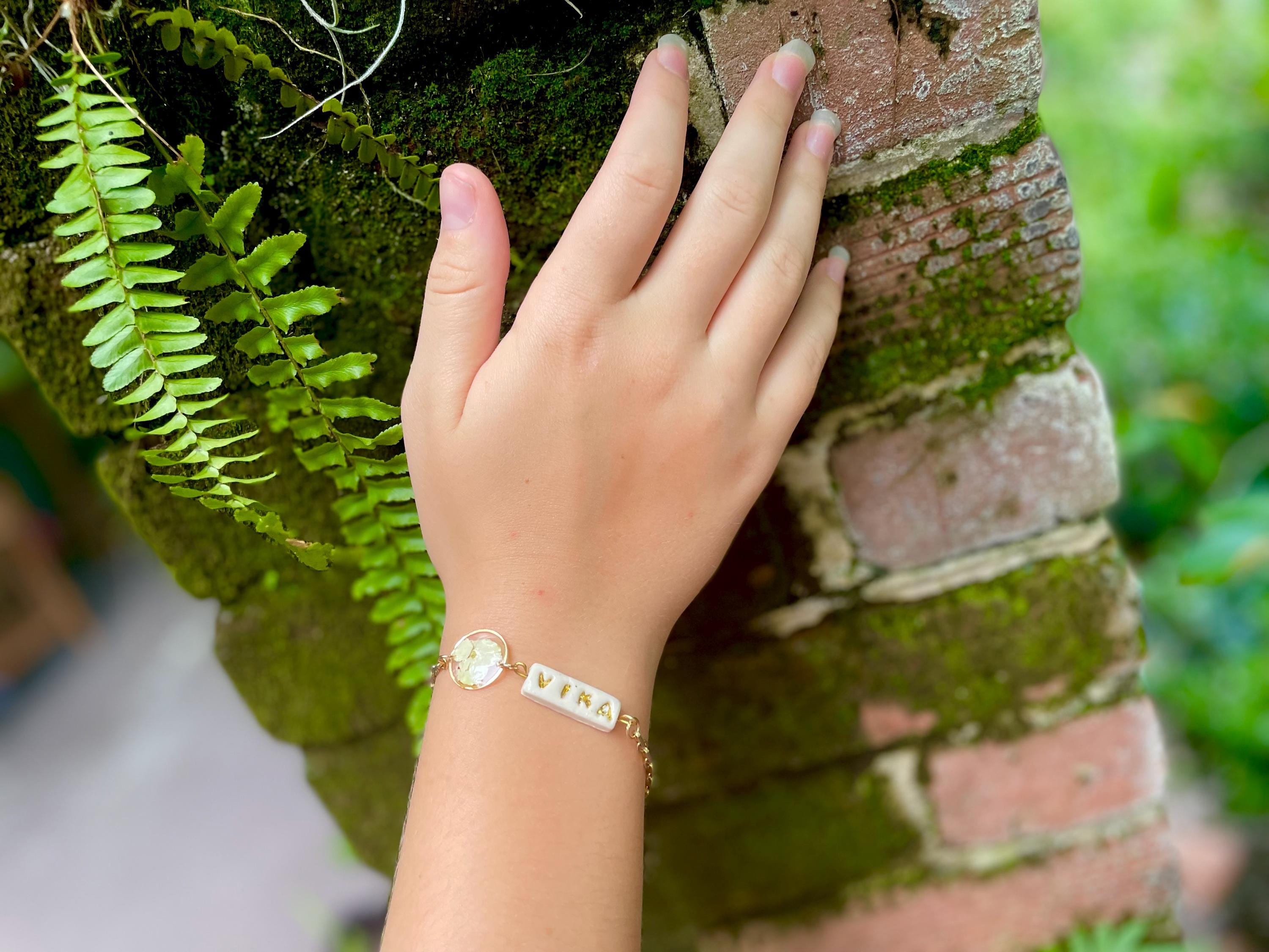 Personalized Name Bracelet: Real Hydrangea Charm, Handmade Porcelain Jewelry