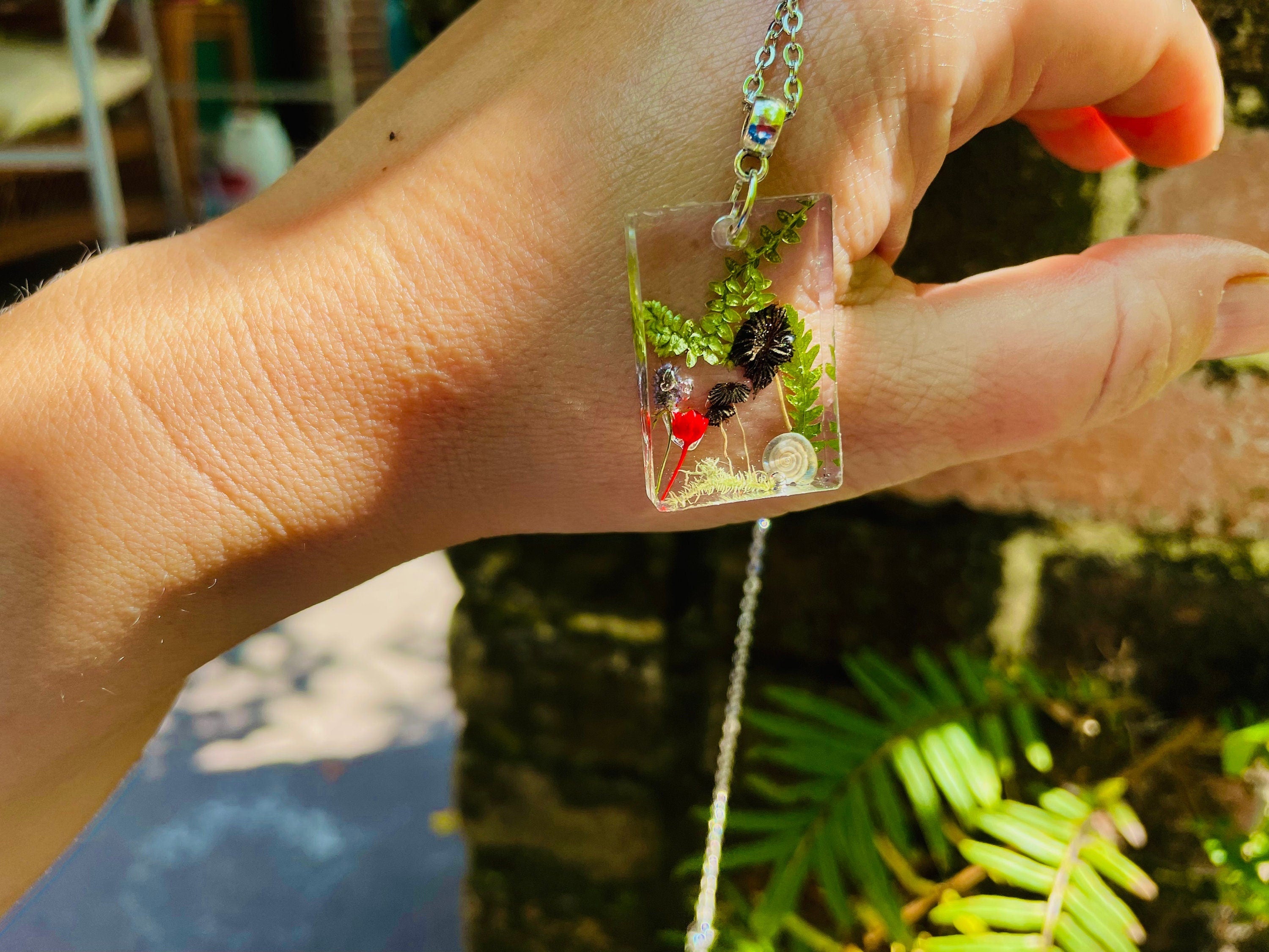 Mushroom Family Resin Necklace: Pressed Flower Pendant, Birthstone Option