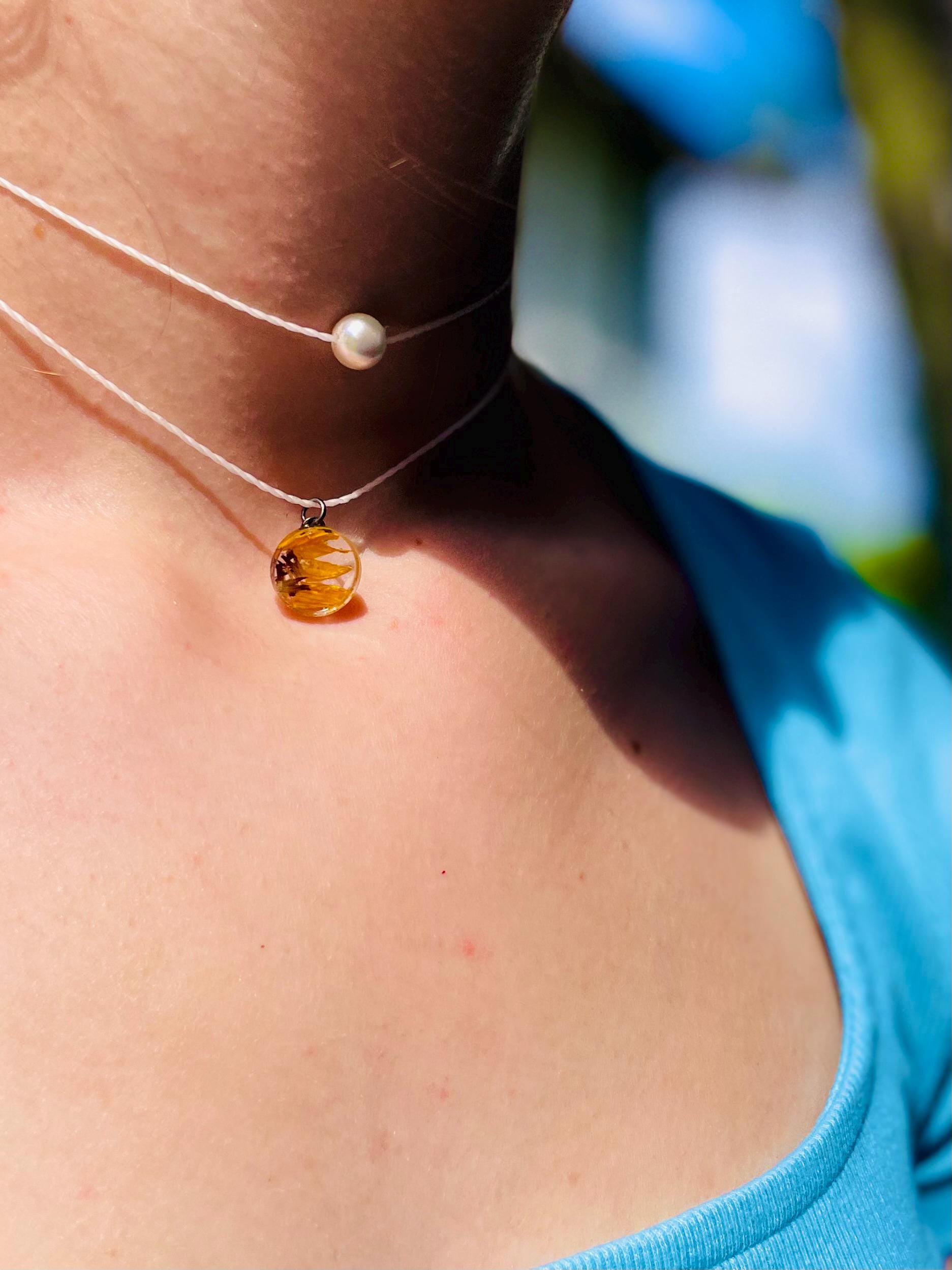 Custom Birth Flower Pearl Handmade Cord Choker: Real Sunflower Charm Necklace Personalized