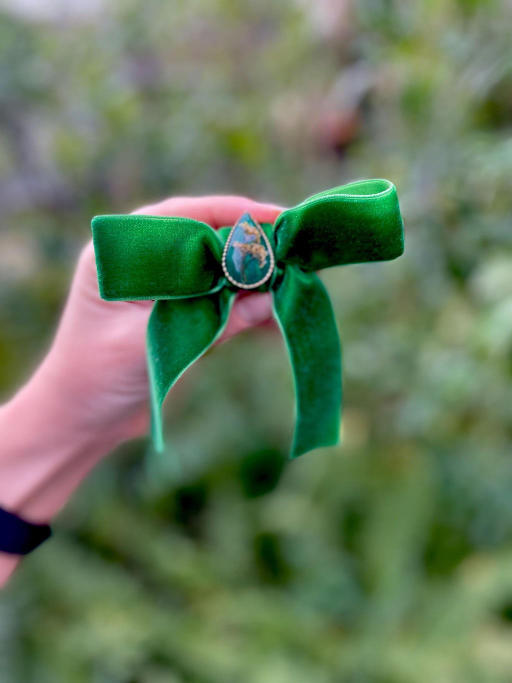 Forest Green Velvet Hair Bow Clip: Real Wildflower Charm