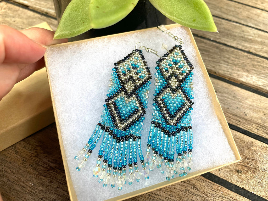 Turquoise beaded earrings Long earrings Fringe earrings Ombre earrings Seed bead earrings Chandelier earring Boho beadwork earrings Dangle
