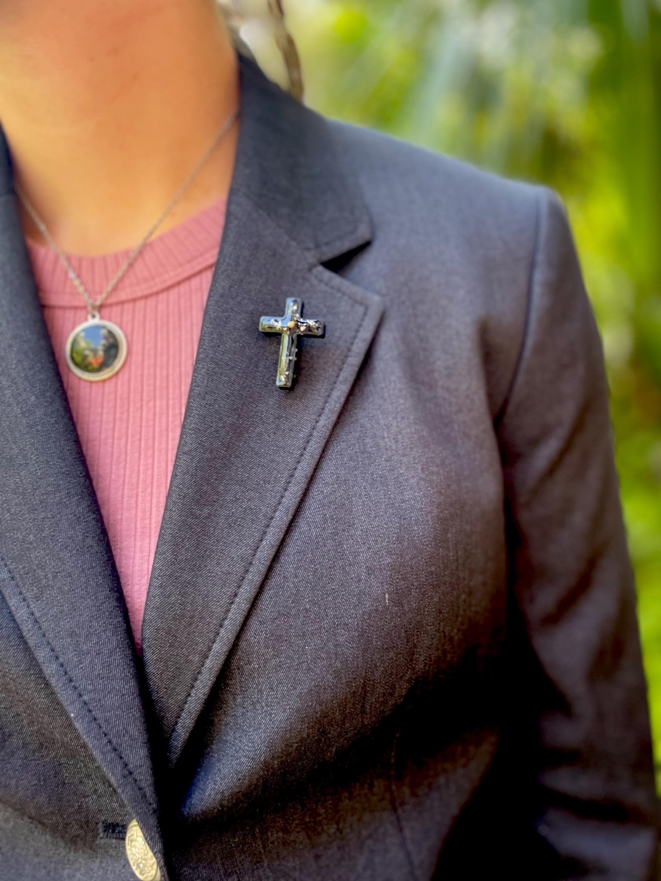 Black Cross Brooch for Men/Women: Mustard Seed Catholic Gift, 1.7 Inch