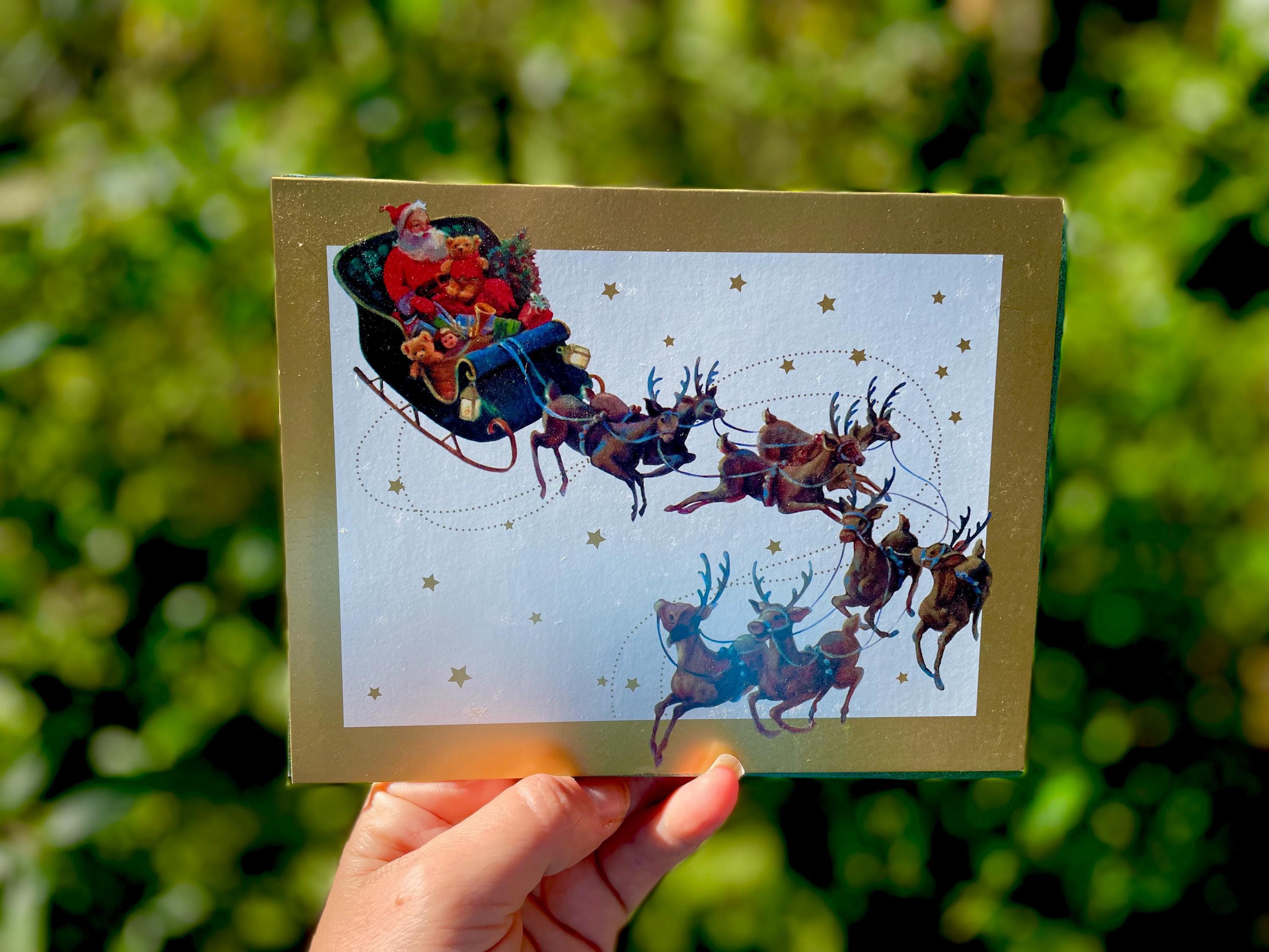 Antique Santa Bringing Presents Classic Holiday Card with Sleigh Reindeer Snowy Scene Christmas Cozy Winter Greeting Card Boxed Vintage