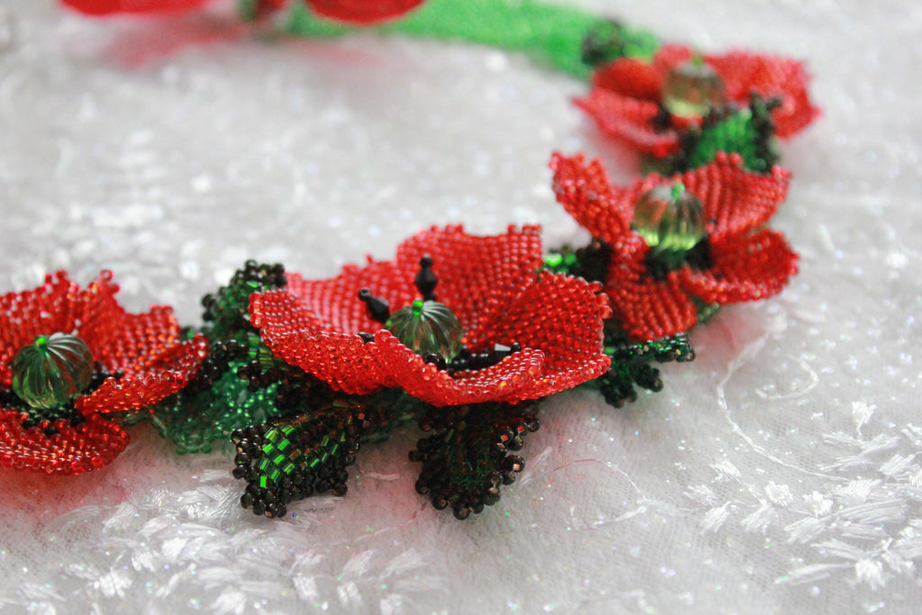 Red flower jewelry necklace, Poppy Necklace, Floral collar Choker, Wedding gift bride~Unique Beaded Necklace for girlfriend, Valentines gift