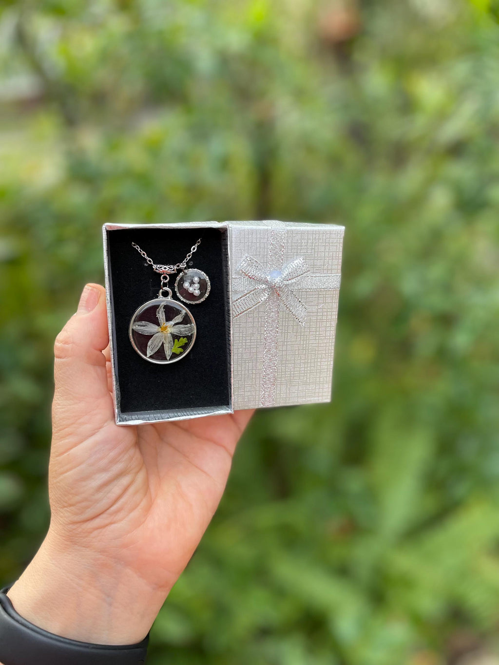 December Birth Flower Necklace: Handmade Narcissus, Personalized Initial, Pearl Resin Pendant